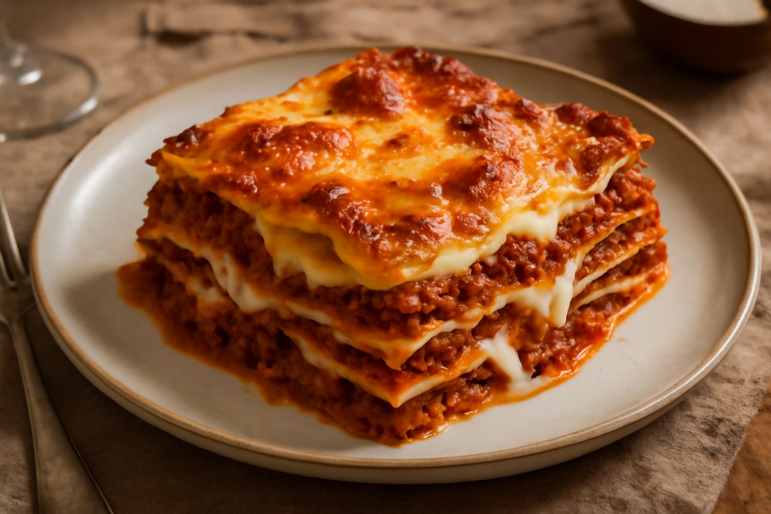 Lasagna alla toscana appena sfornata, tagliata in quadrato, con la pasta sfoglia dorata in superficie, ragù rosso scuro visibile tra gli strati e besciamella cremosa che filtra dai bordi