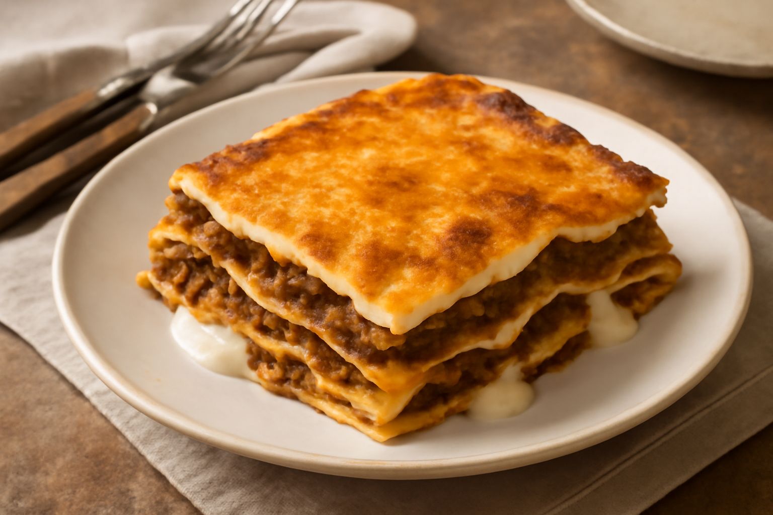 Lasagna alla veneta tagliata a porzione, con strati visibili di pasta gialla, ragù scuro, besciamella bianca cremosa e gratinatura dorata in superficie, in un piatto bianco fondo