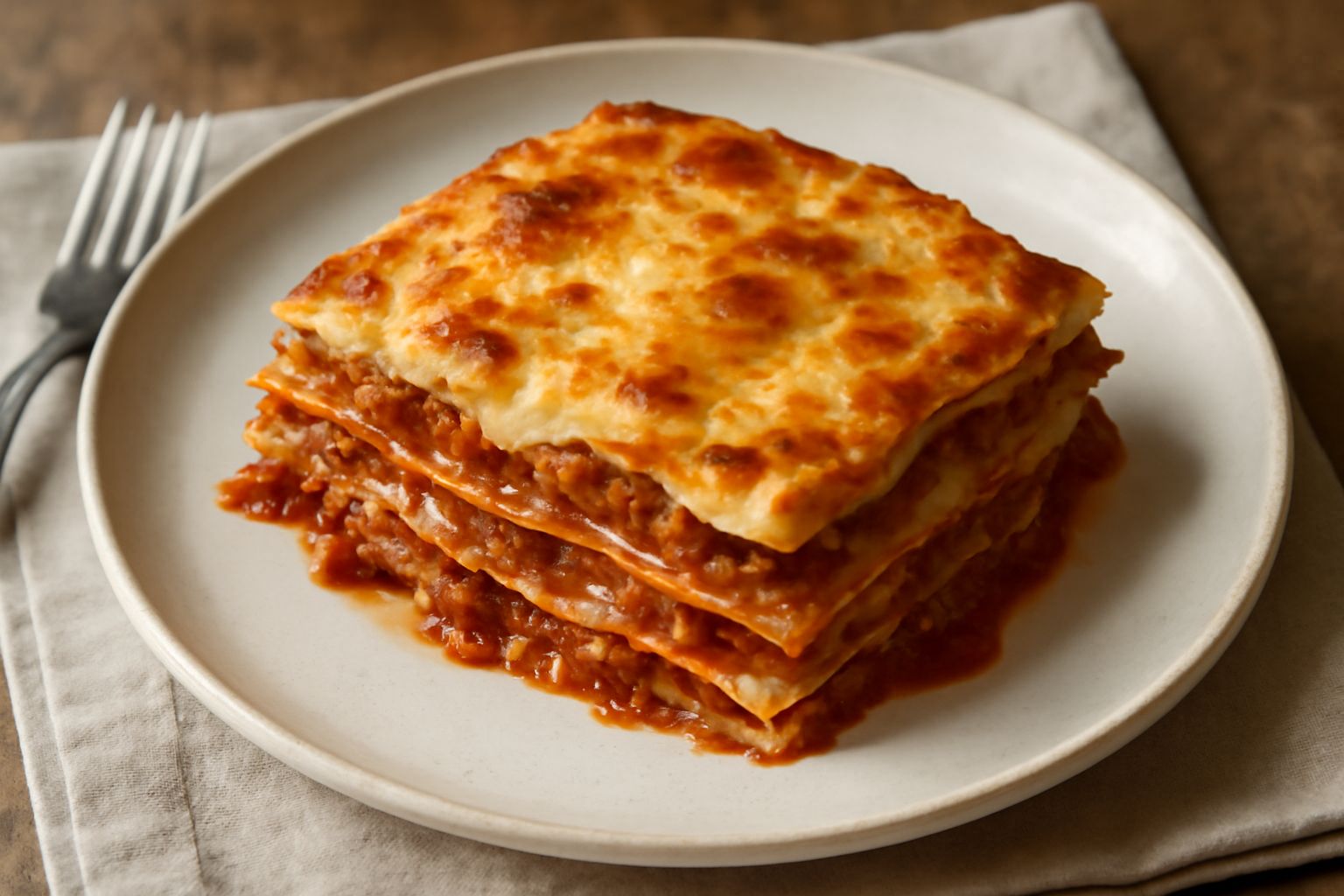 Una porzione di lasagna bolognese tagliata mostra strati netti di pasta all'uovo gialla, ragù rosso-marrone e besciamella bianca cremosa, contorni leggermente dorati, piatto bianco