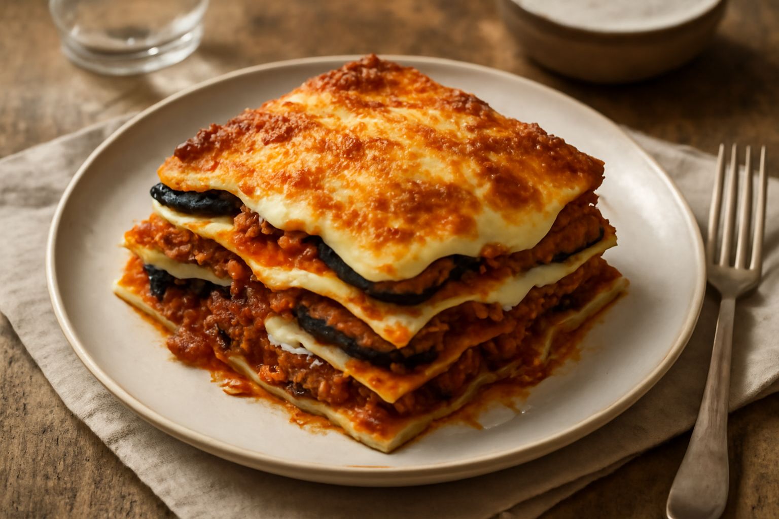 Lasagna calabrese tagliata in una porzione, visibile la stratificazione di ragù rosso scuro, strati di melanzane viola-nere, besciamella bianca cremosa, pasta all'uovo giallo dorato, formaggio fuso in