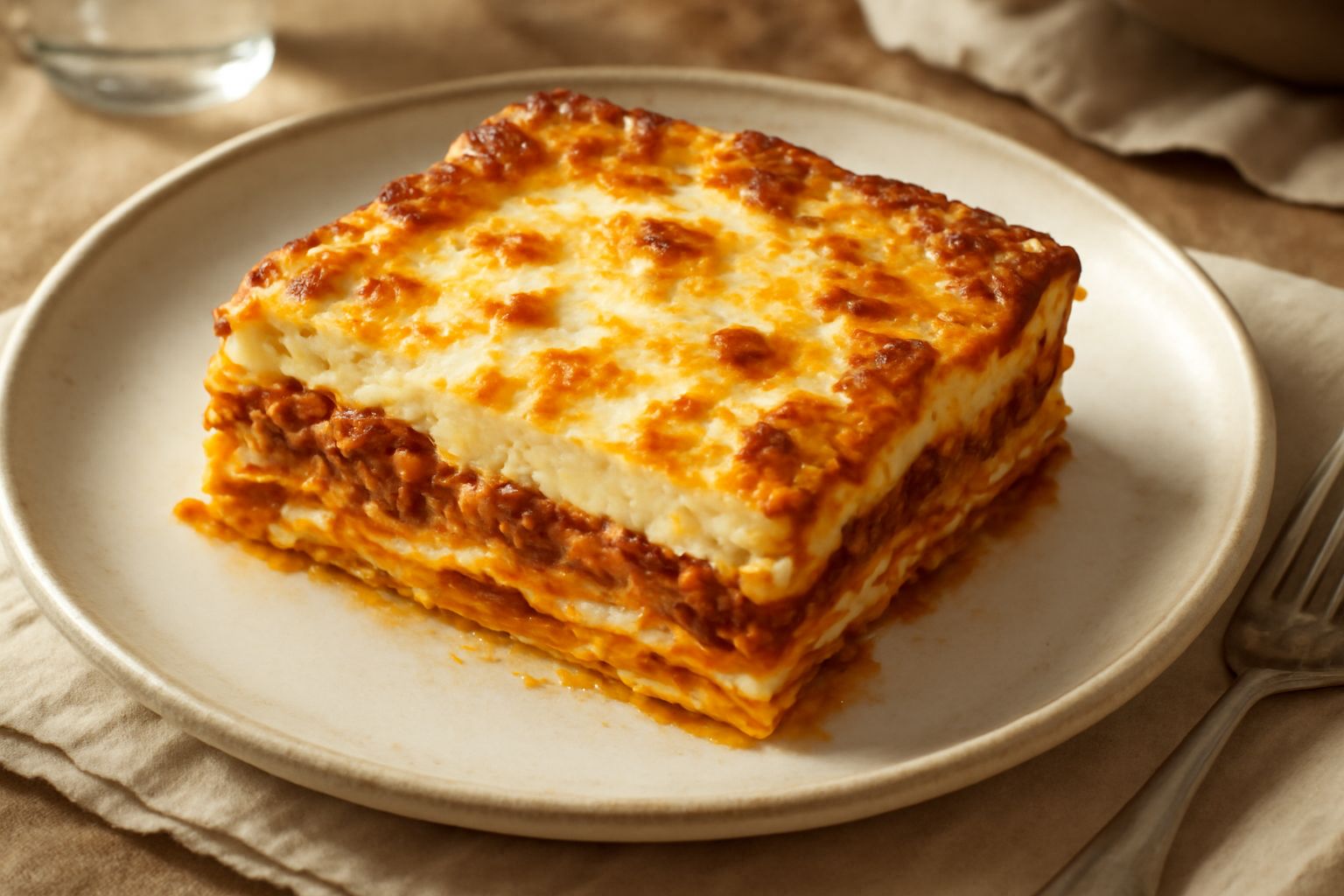 Lasagna con la ricotta appena sfornata, tagliata in quadrato, che mostra strati bianchi di ricotta e besciamella alternati a ragù rosso scuro, su un piatto bianco con contorno di insalata verde mista