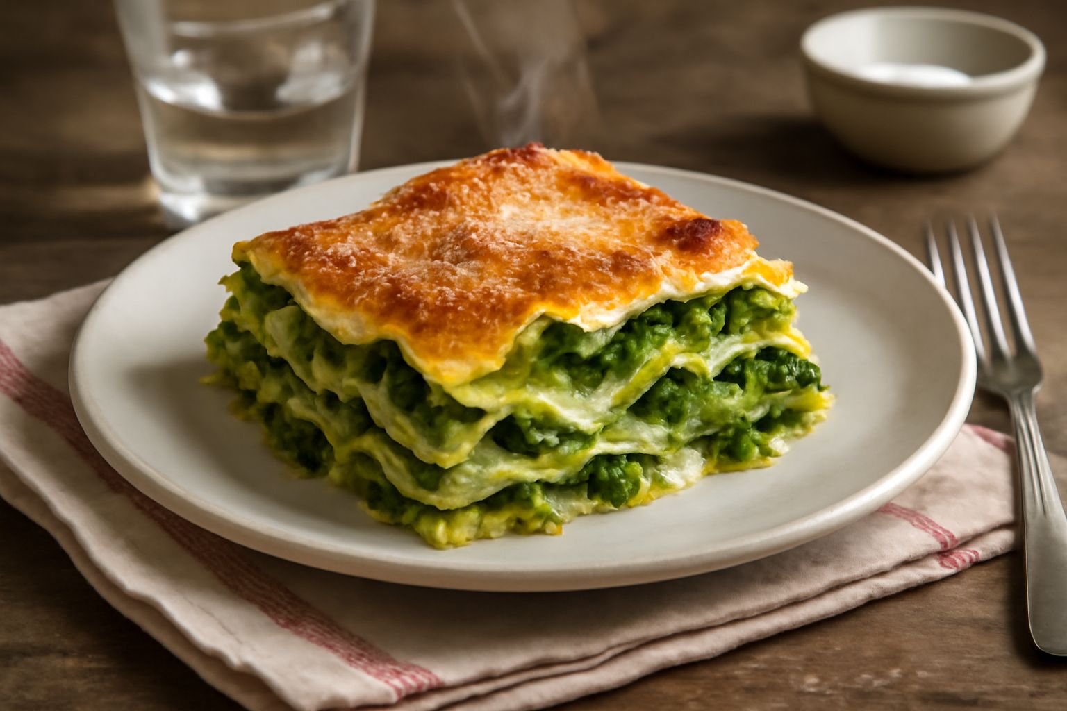 Lasagna con verze appena tagliata nel piatto, strati di pasta gialla e verza verde scuro, besciamella cremosa visibile tra i strati, guarnita con formaggio grattugiato dorato sulla superficie