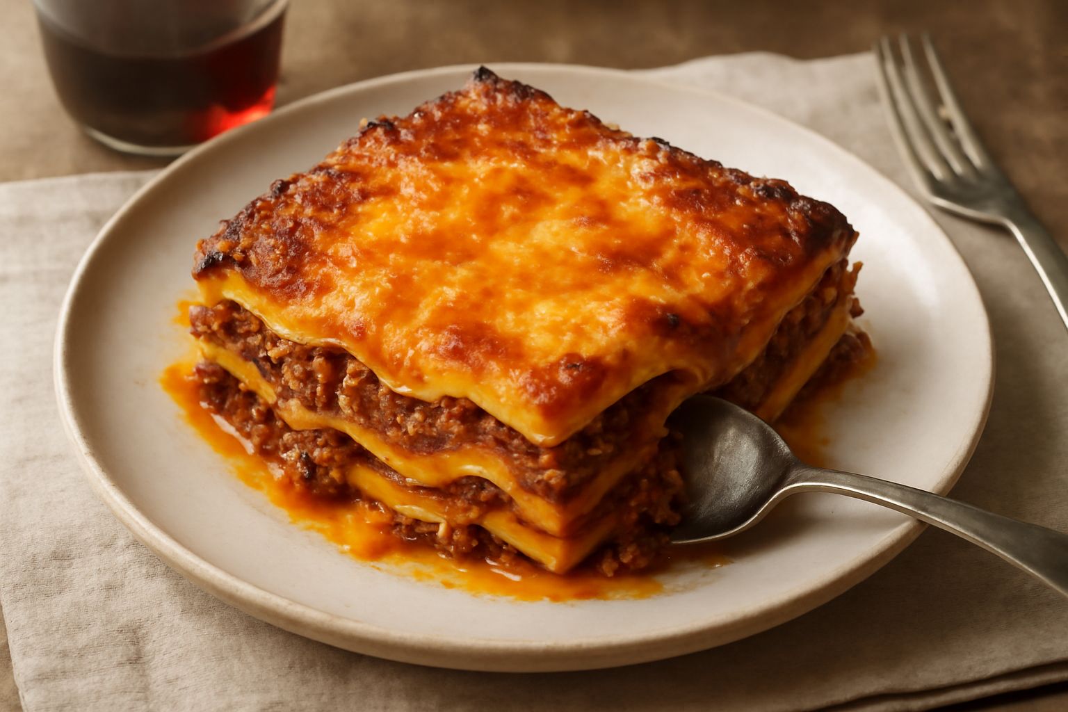 Lasagna d'Abruzzo tagliata nel piatto, con strati visibili di pasta gialla, ragù rosso-marrone, besciamella bianca e formaggio gratinato dorato in superficie, vapore caldo che sale dal piatto