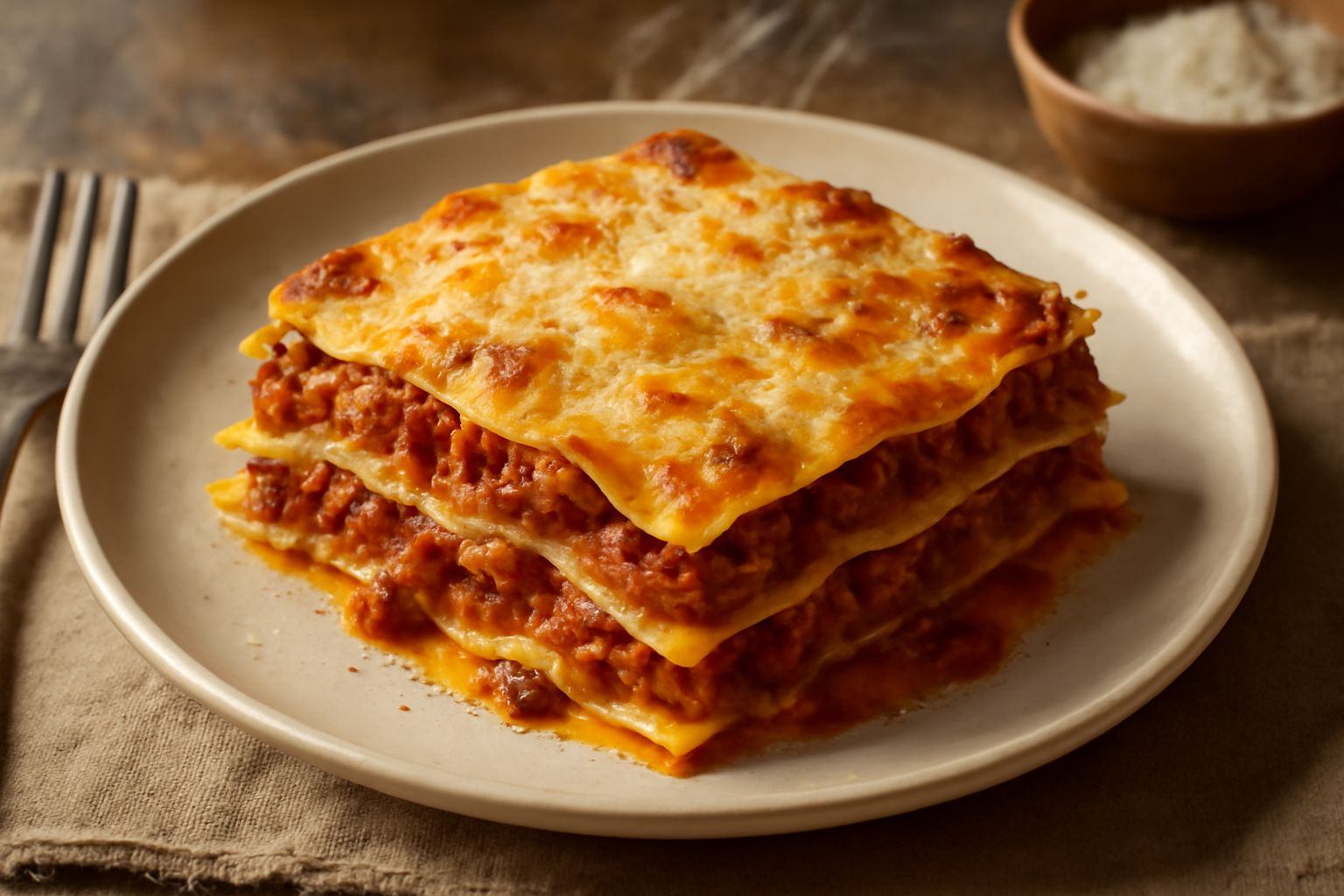 Lasagna tagliata a quadrato in piatto bianco, gli strati ben visibili: pasta gialla, ragù rosso scuro, besciamella bianca e formaggio grattugiato, guarnita con prezzemolo fresco