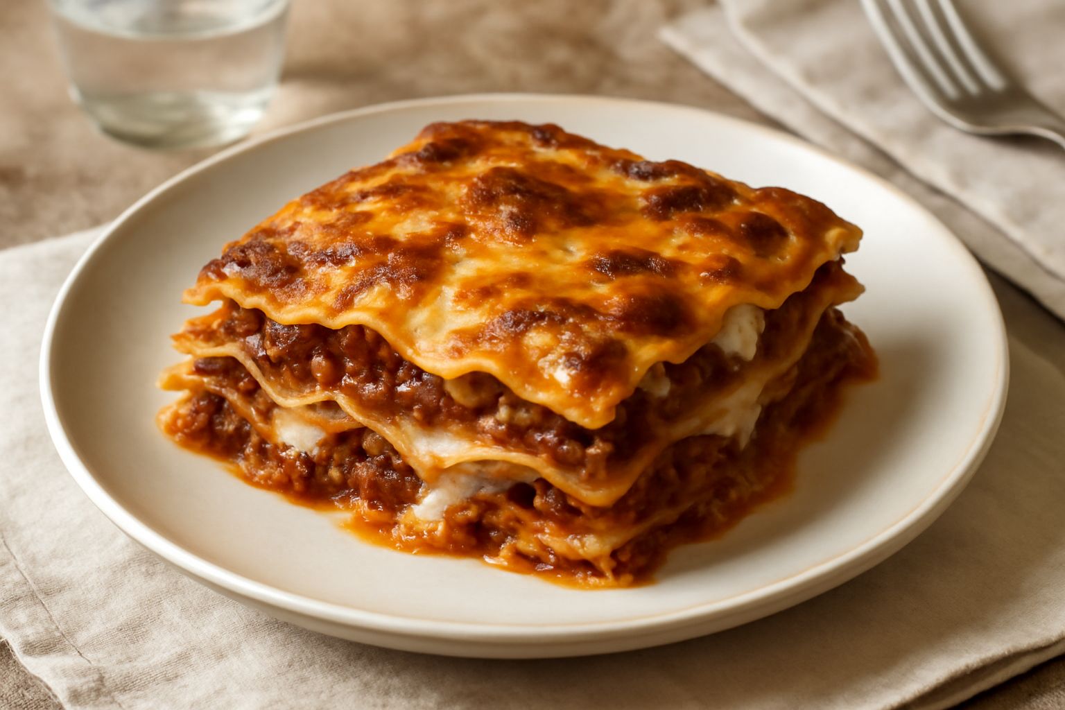 Lasagna della festa tagliata e servita in piatto bianco, con strati visibili di pasta dorata, ragù rosso scuro, besciamella bianca e crosta di formaggio gratinato giallo dorato