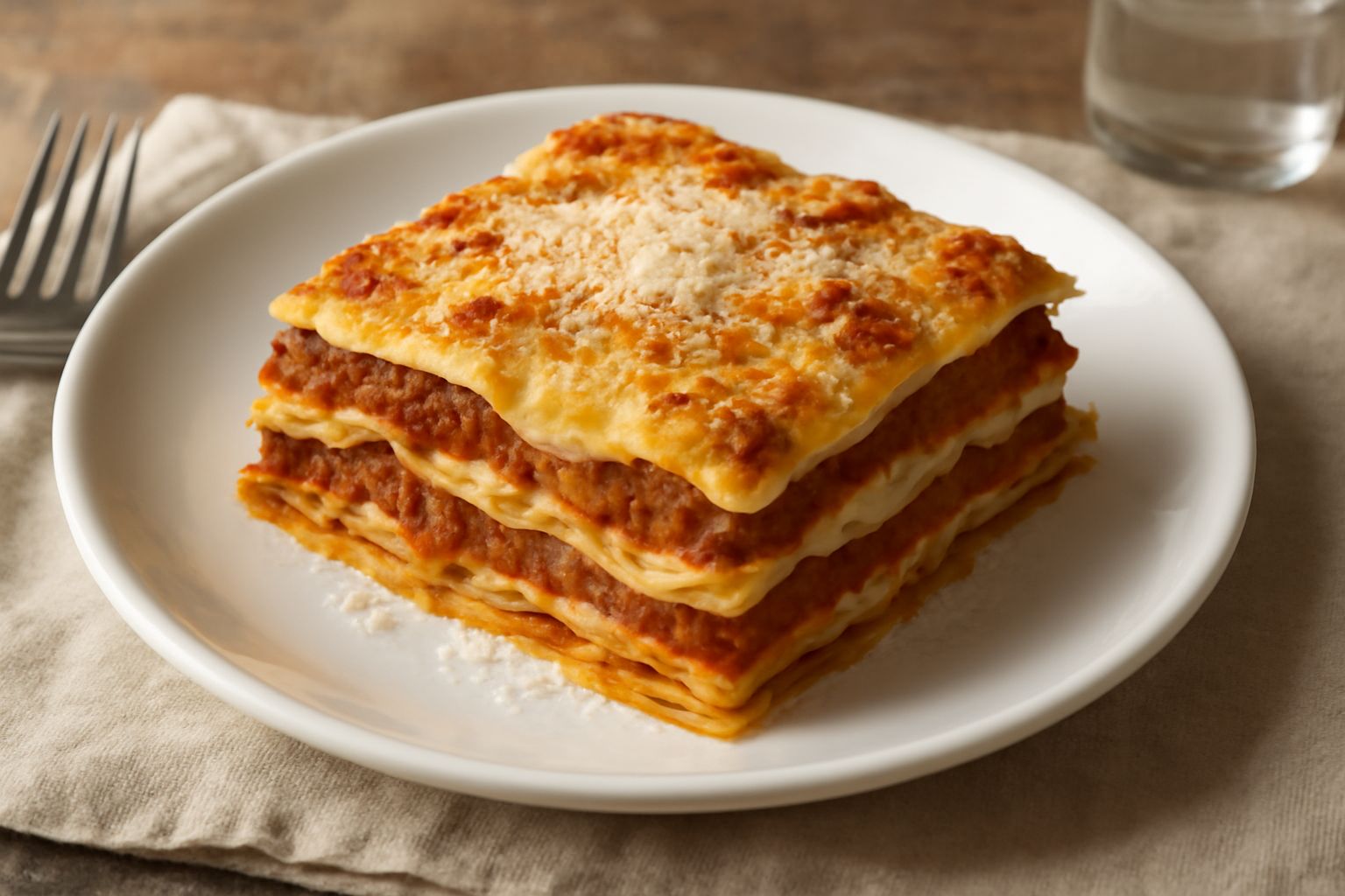 Lasagna dorata appena sfornata, servita in piatto bianco con strato visibile di pasta, ragù rosso e besciamella cremosa bianca, guarnita con parmigiano grattugiato e una foglia di prezzemolo