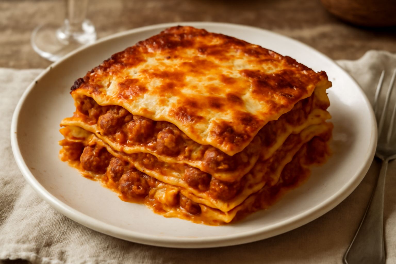 Lasagna in teglia con strati visibili di pasta gialla, ragù rosso scuro, besciamella bianca cremosa e formaggio gratinato dorato in superficie. Porzione tagliata che mostra la stratificazione dei laye