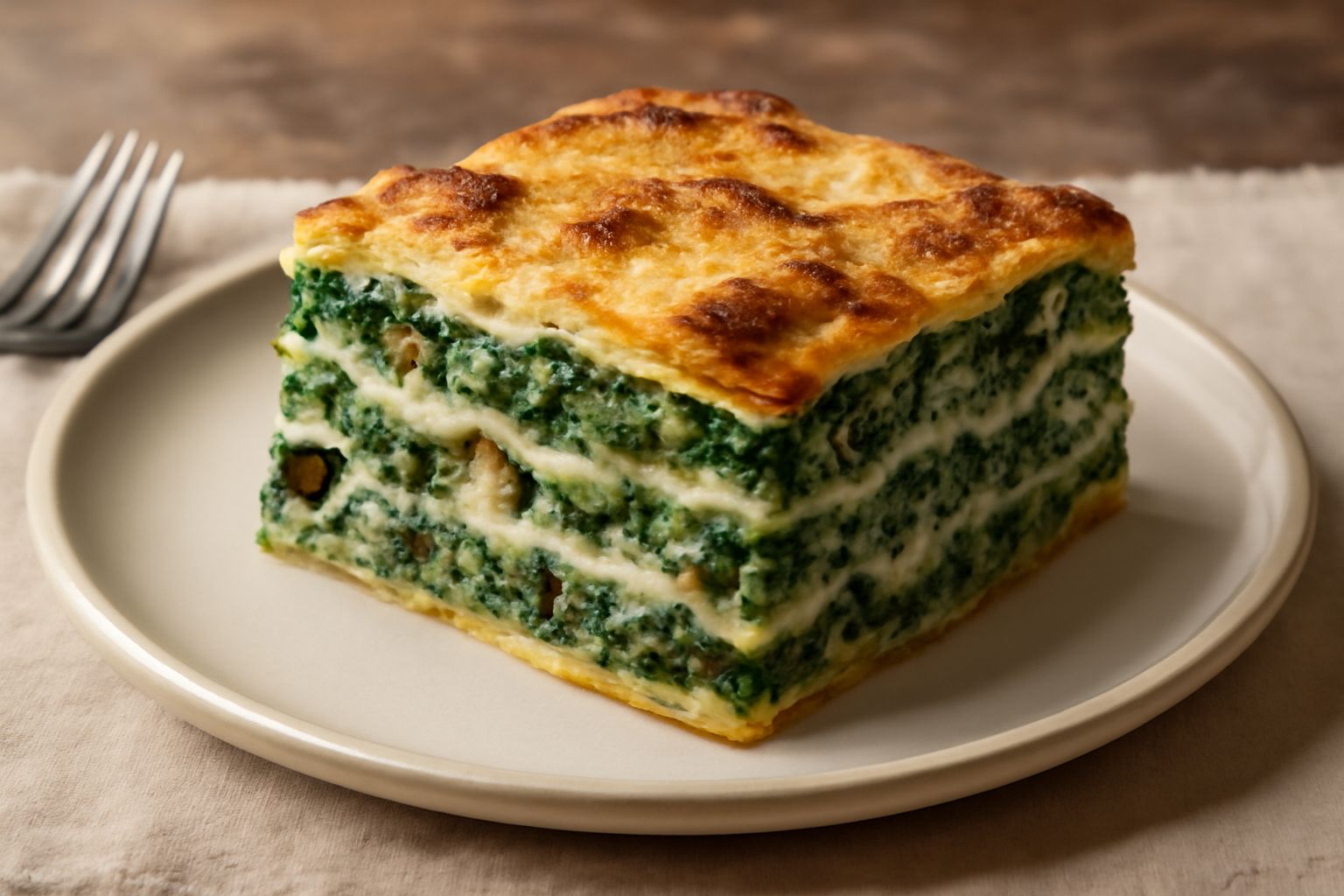 Lasagna di magro tagliata e servita nel piatto, con strati dorati di pasta all'uovo, ripieno verde di verdure, besciamella bianca cremosa e melanzane viola visibili, guarnita con parmigiano grattugiat
