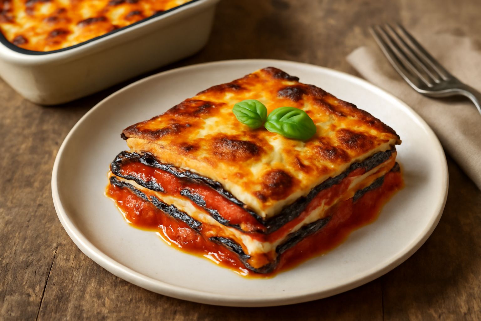 Lasagna di melanzane appena tolta dal forno, con superficie dorata e gratinata. Visibili gli strati di melanzane viola scuro, salsa di pomodoro rosso e formaggio fuso. Porzione tagliata al centro most