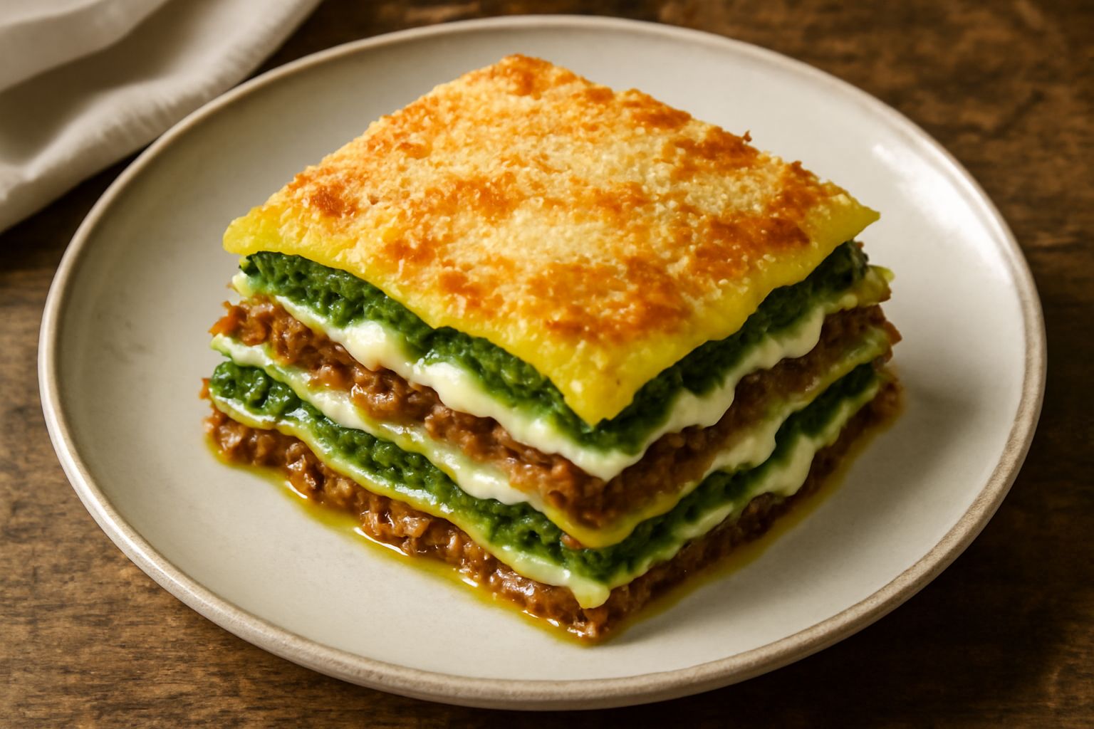 Lasagna genovese tagliata nel piatto: strati visibili di pasta dorata, ragù marrone, pesto verde e besciamella bianca crema, spolverate di parmigiano grattugiato