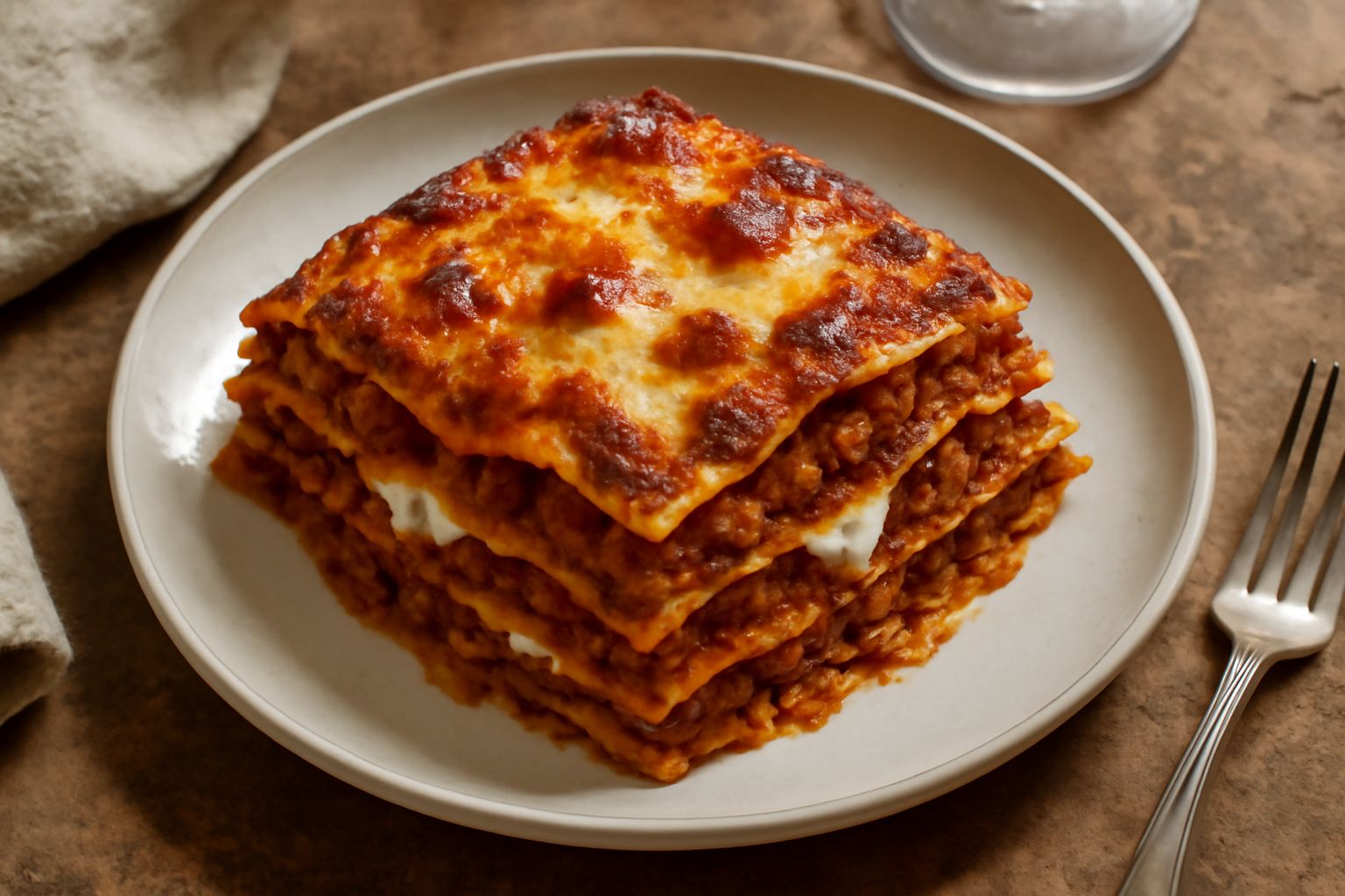 Lasagna napoletana tagliata al coltello dentro una pirofila rettangolare, con strati visibili di pasta gialla, ragù rosso scuro, besciamella bianca e mozzarella filante, bordi dorati in forno