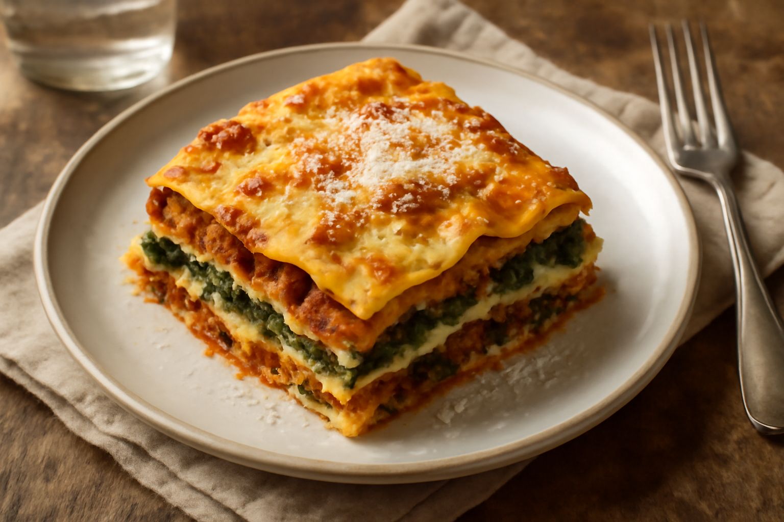 Lasagna tagliata a porzione quadrata in piatto bianco, con strati visibili di pasta gialla, ragù rosso, verdure verdi e bianche, superficie dorata e gratinata al forno
