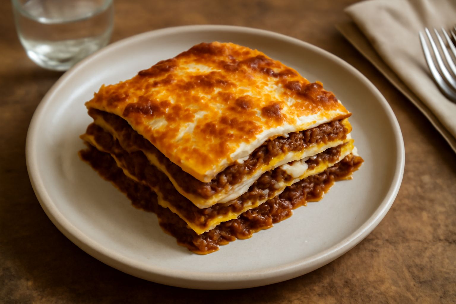 Lasagna pugliese servita nel piatto, mostrando strati dorati di sfoglia, ragù marrone scuro, béchamel bianca cremosa e formaggio gratinato dorato in superficie, con vapore che sale dal piatto caldo
