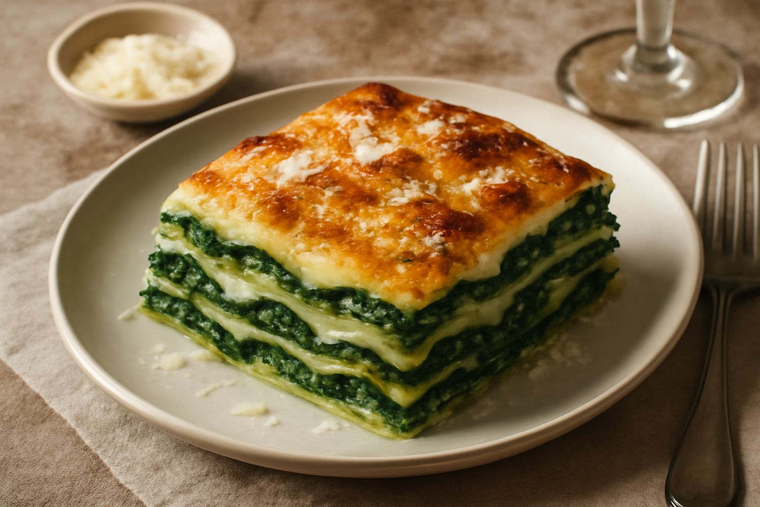 Lasagna verde tagliata nel piatto, strati visibili di sfoglia verde, besciamella bianca cremosa e ripieno di spinaci, guarnita con parmigiano grattugiato dorato