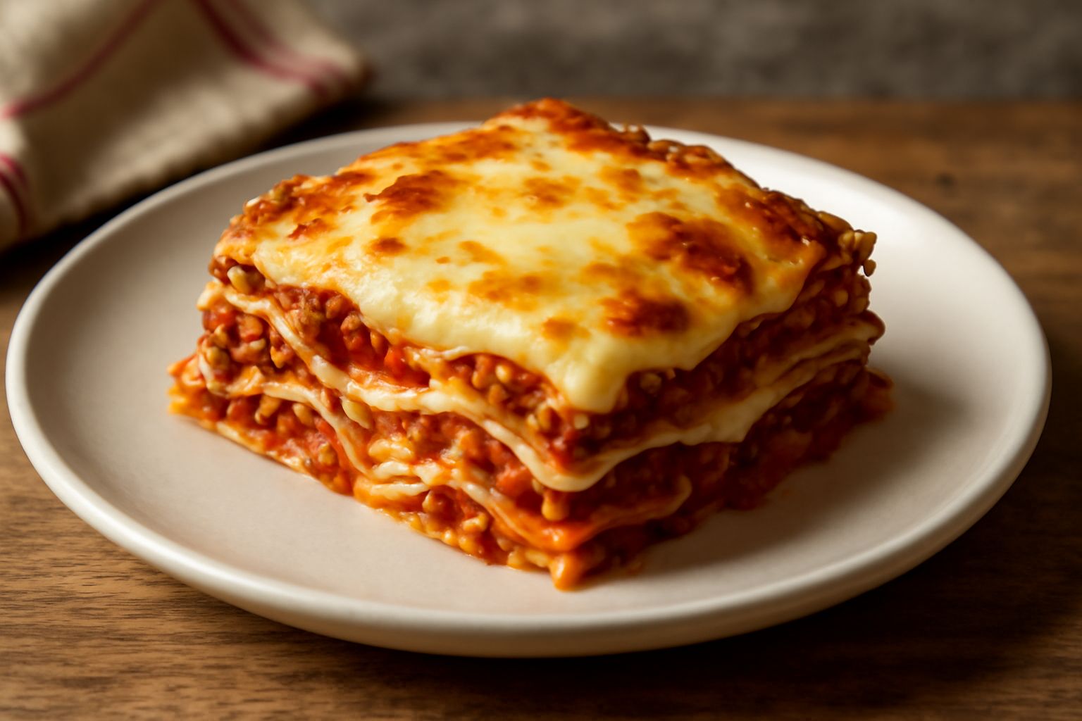 Lasagne dorate in pirofila di vetro, taglio perfetto che mostra strati di pasta, ragù rosso scuro e besciamella bianca cremosa, bordi croccanti dorati