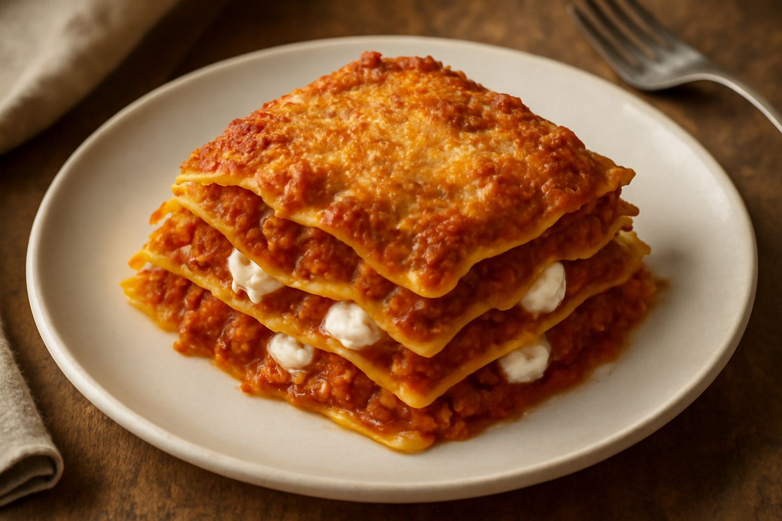 Lasagne abruzzesi appena sfornate in pirofila di vetro, strati visibili di sfoglia dorata, ragù rosso scuro e formaggio filante, bordo superiore gratinato dorato, servite in piatto bianco con forchett