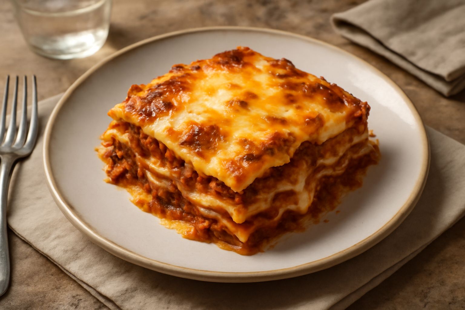 Lasagne al ragù appena sfornate con besciamella cremosa e dorata che copre gli strati di pasta all'uovo, ragù rosso scuro visibile tra i fogli