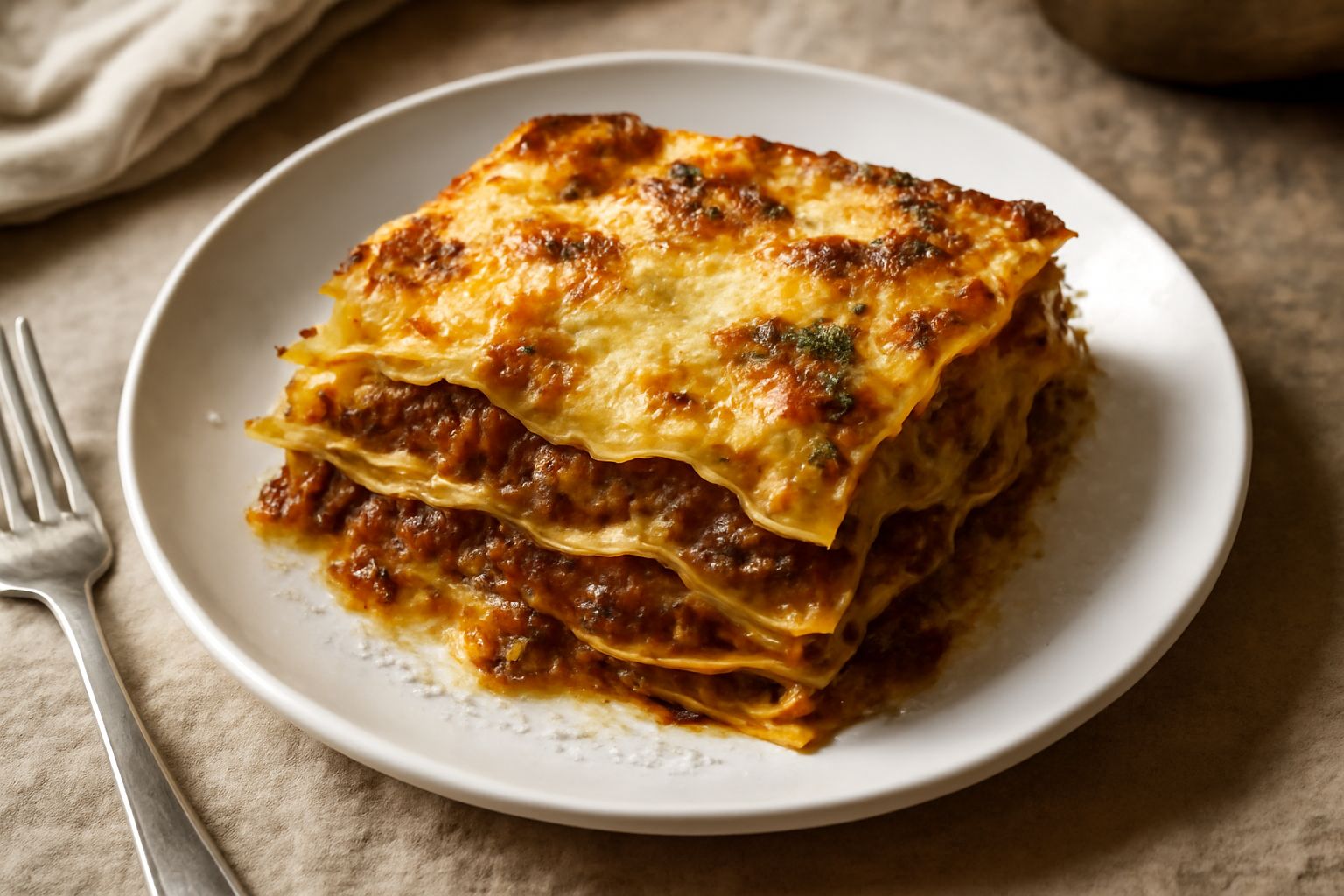 Lasagne al ragù di lepre in piatto bianco, strati di pasta gialla, ragù marrone scuro e besciamella cremosa visibile fra i veli, guarnite con parmigiano grattugiato e qualche foglia di prezzemolo fres