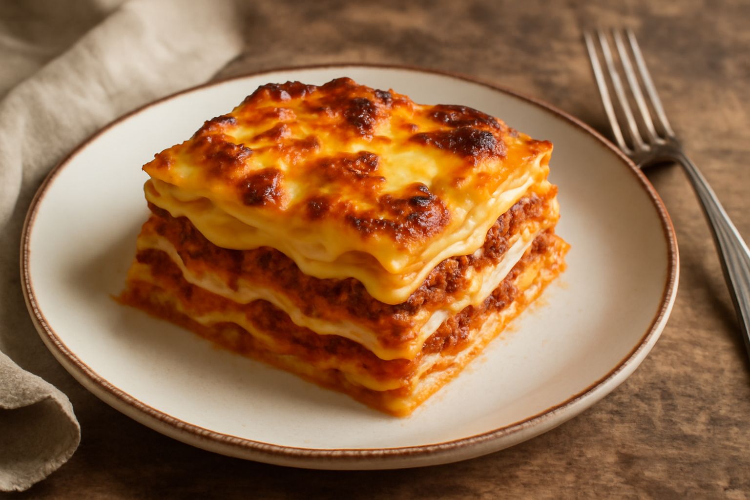 Lasagne alla aquilana tagliate a quadrato in un piatto bianco, mostrando gli strati di pasta dorata, ragù rosso e besciamella cremosa, guarnite con parmigiano grattugiato e prezzemolo fresco