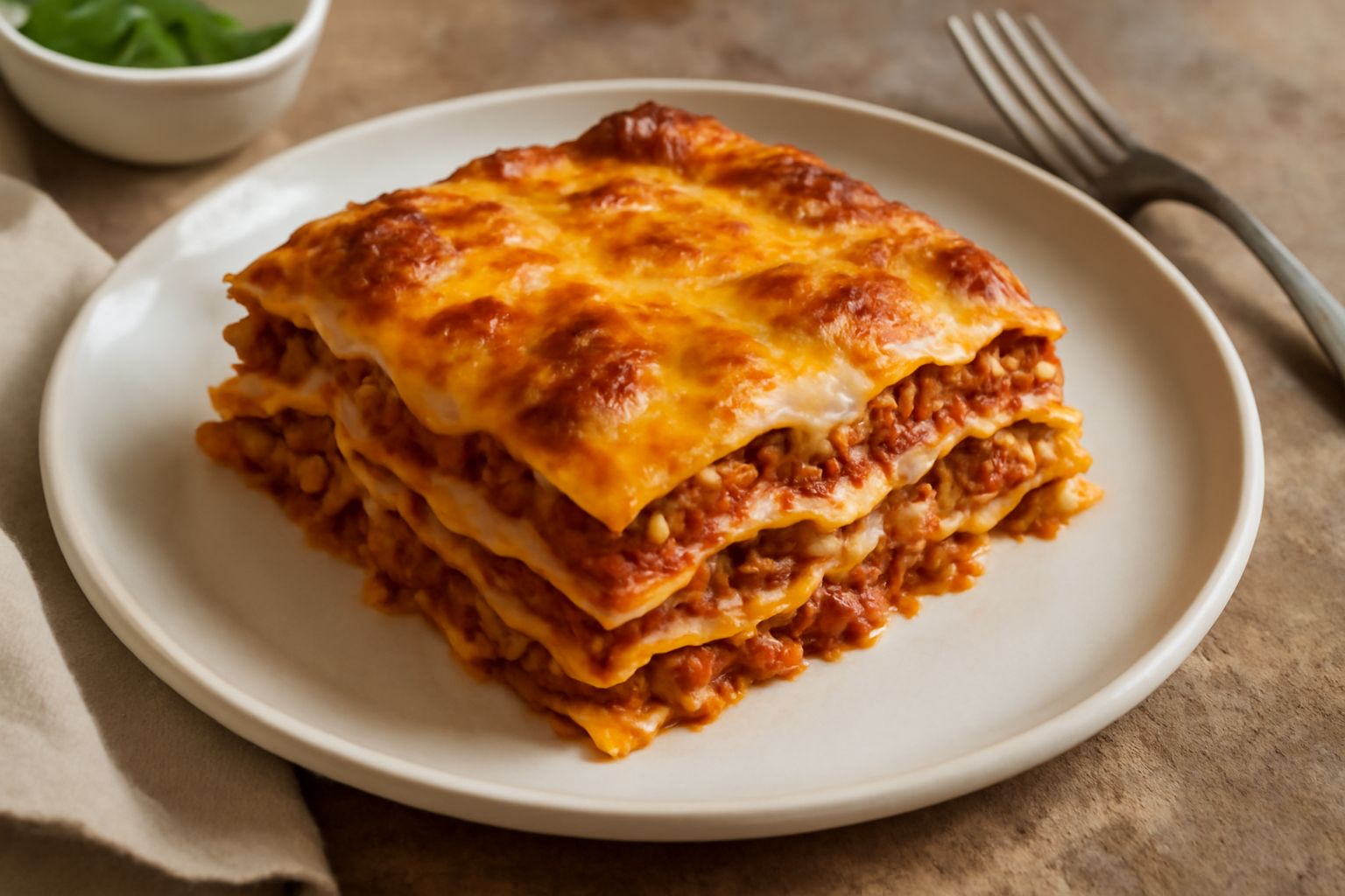 Lasagne alla bolognese tagliate nel piatto, strati di pasta gialla, ragù rosso scuro e besciamella bianca cremosa visibili dal fianco, superficie dorata gratinata, cornice di verde a lato dal piatto d