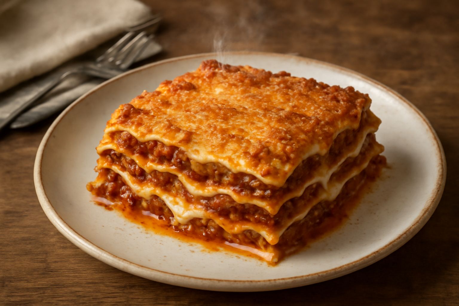 Lasagna alla bolognese piemontese tagliata in quadrato nel piatto bianco, mostra strati dorati di pasta fresca, ragù rosso scuro e besciamella cremosa bianca, guarnita con formaggio grattugiato