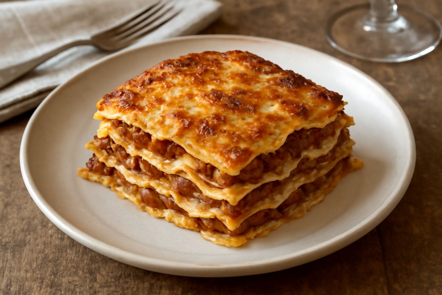 Lasagne al forno tagliate in porzione quadrata, con strati visibili di sfoglia gialla all'uovo, ragù rosso-marrone, besciamella bianca cremosa e crosta dorata gratinata. Servito in piatto bianco con f