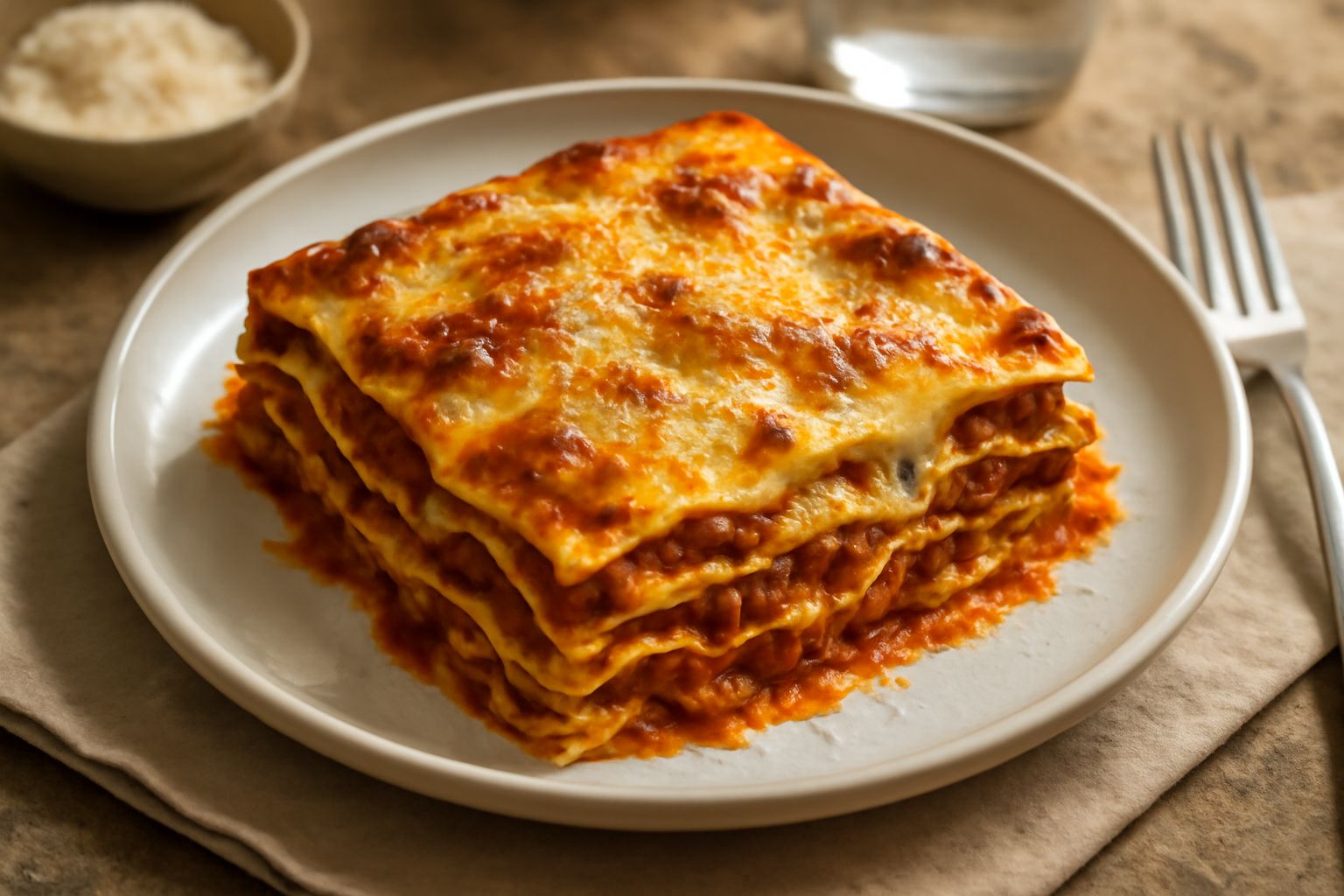 Lasagne alla genovese tagliate a porzione in un piatto bianco, con strati ben visibili di pasta sfoglia, ragù rosso scuro, besciamella bianca cremosa e formaggio grattugiato dorato in superficie