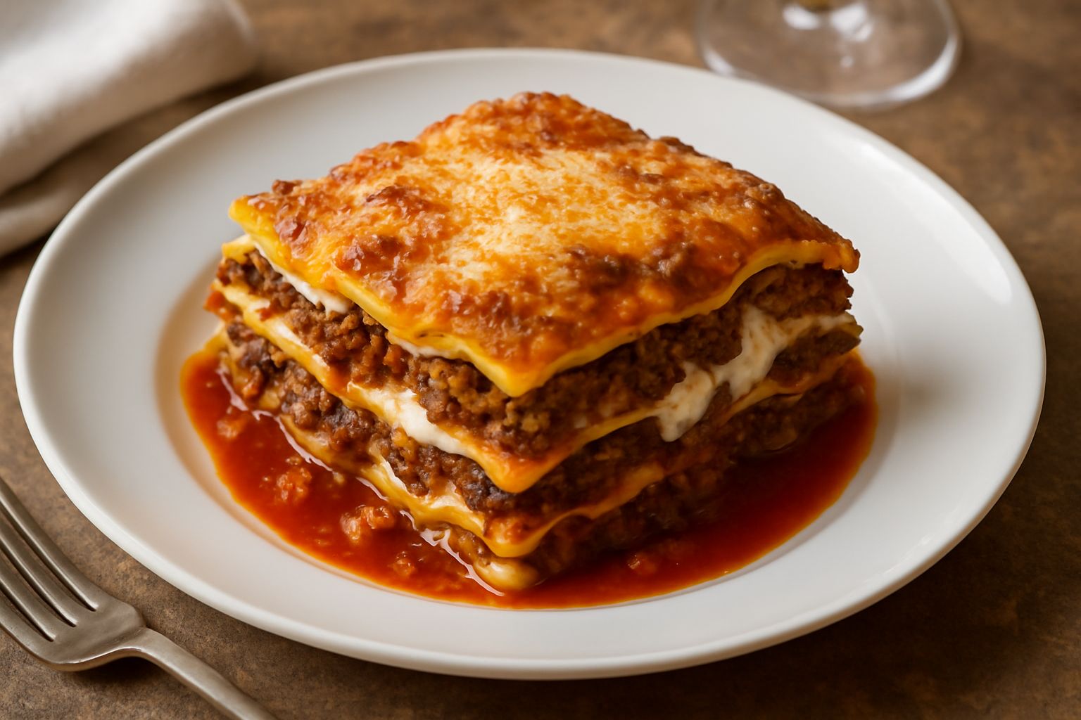 Lasagne alla lucchese tagliate in porzione quadrata su piatto bianco, con strati dorati di sfoglia, ragù rosso e ricotta visibili al taglio, guarnite con basilico fresco