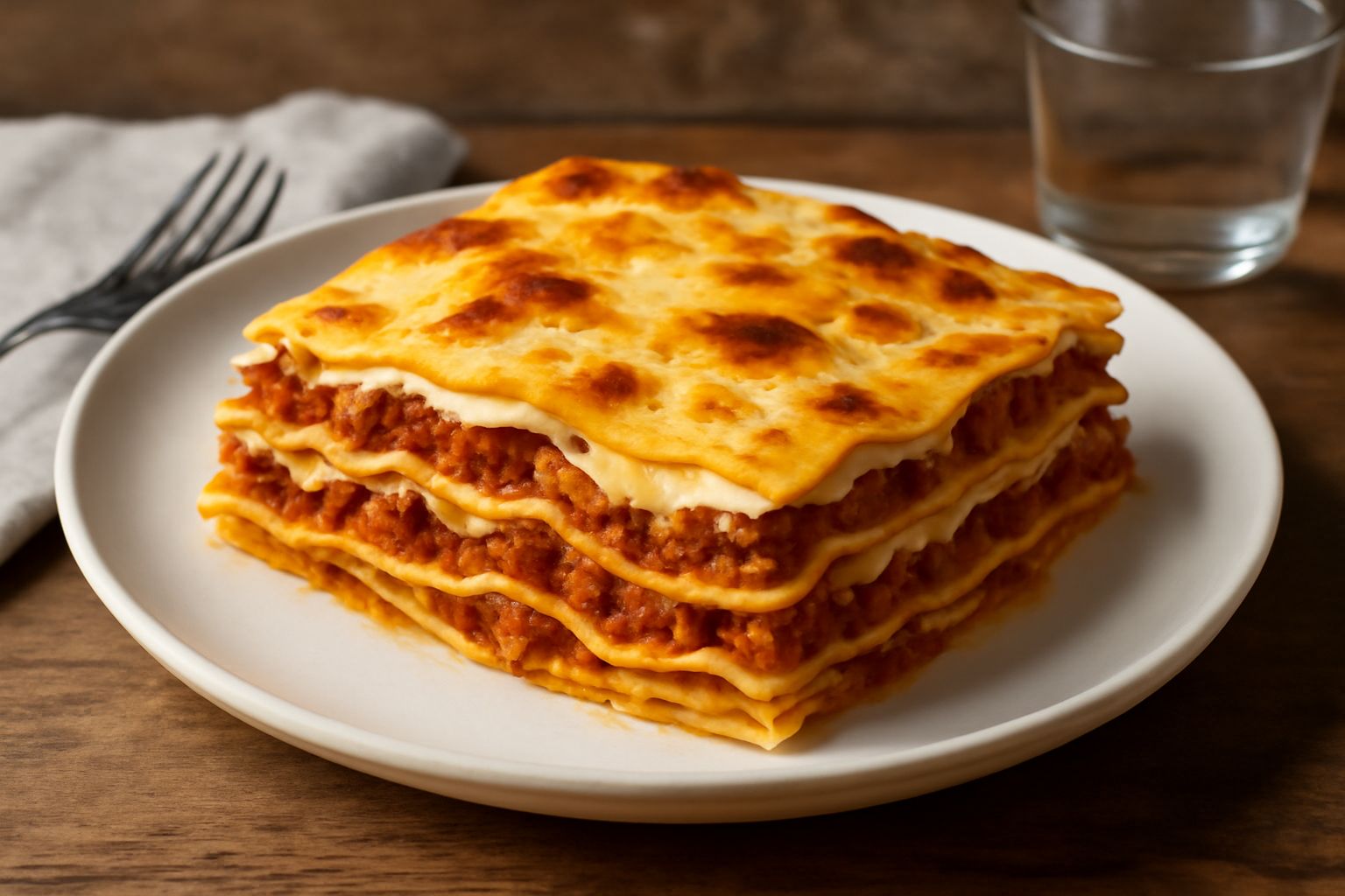 Lasagne alla maceratese tagliate in quadrato nel piatto, strati visibili di pasta dorata, ragù rosso scuro e besciamella cremosa bianca in evidenza, bordi leggermente gratinati