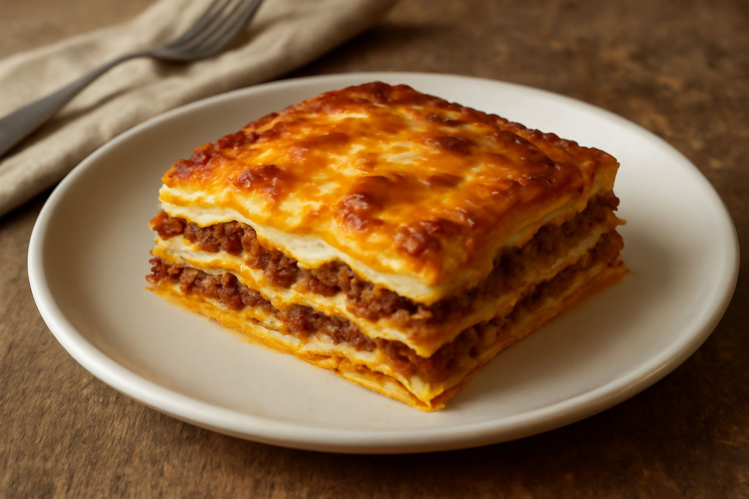 Una porzione di lasagne alla marchigiana tagliata a fette, mostra strati dorati di pasta all'uovo, ragù marrone scuro e béchamel bianca cremosa, servita in un piatto bianco con un cucchiaio accanto
