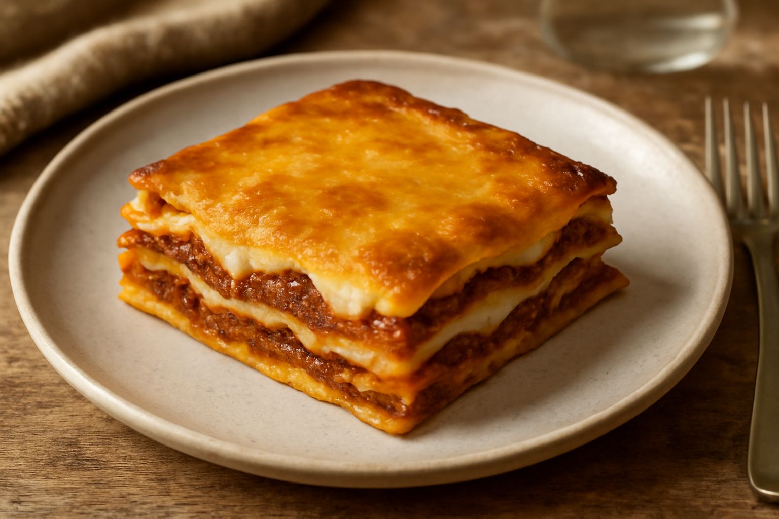 Lasagne alla novarese tagliate in quadrato, composte da strati di pasta gialla, ragù marrone e besciamella bianca, con formaggio dorato in superficie e cucchiaio di legno nella teglia