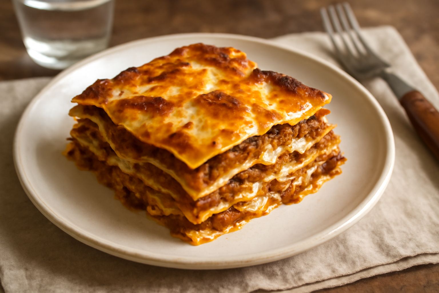 Porzione di lasagne alla padovana appena sfornate, rettangolare, con strati visibili di pasta gialla, ragù scuro e besciamella bianca cremosa, superficie dorata, servita in piatto bianco