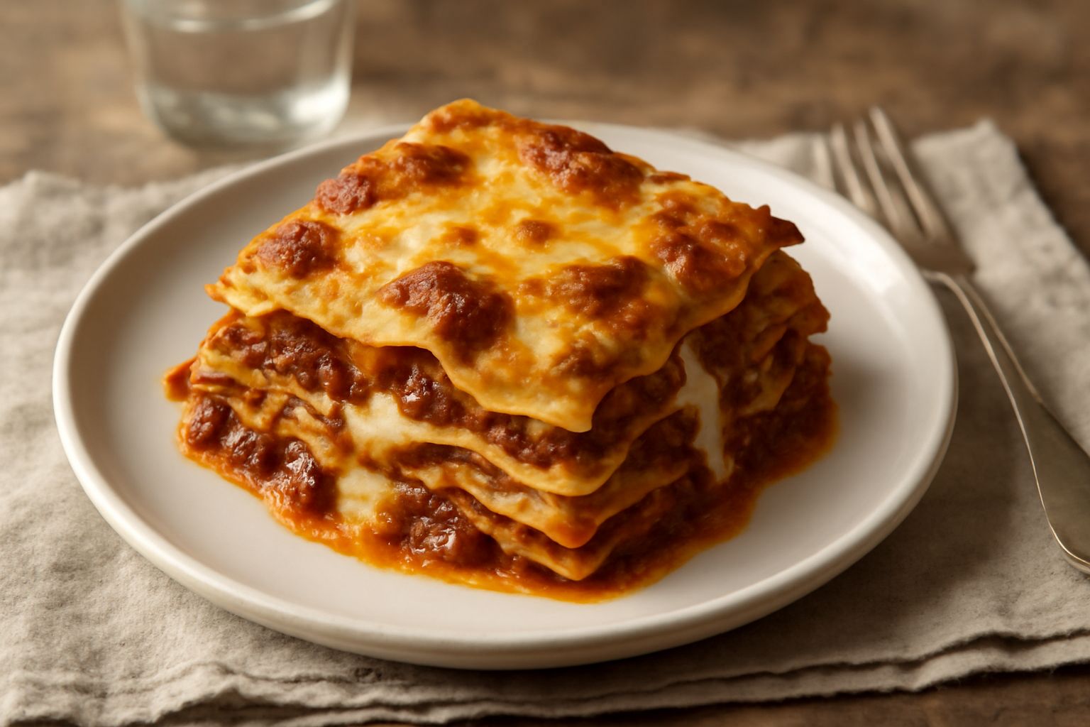 Lasagne alla perugina tagliate nel piatto, con strati visibili di pasta all'uovo dorata, ragù marrone scuro e besciamella cremosa bianca, bordi leggermente dorati dalla cottura in forno, piatto bianco