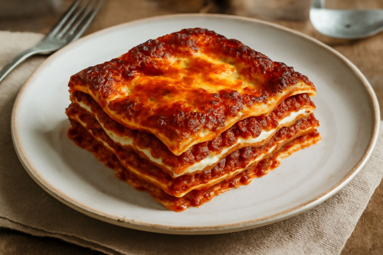 Lasagne alla pescarese tagliate in quadrato, mostrando strati ben definiti di pasta gialla, ragù marrone scuro e besciamella color crema, superficie gratinata e dorata ai bordi, servite su piatto bian