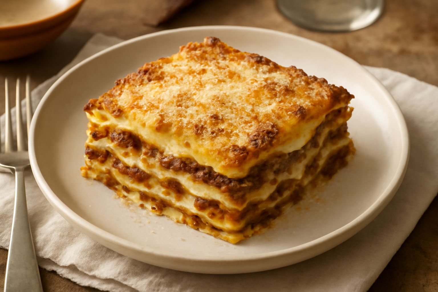 Lasagne alla piacentina tagliate in quadrati nel piatto, con strati visibili di pasta gialla, ragù marrone e besciamella bianca, bordi croccanti, guarnite di parmigiano grattugiato
