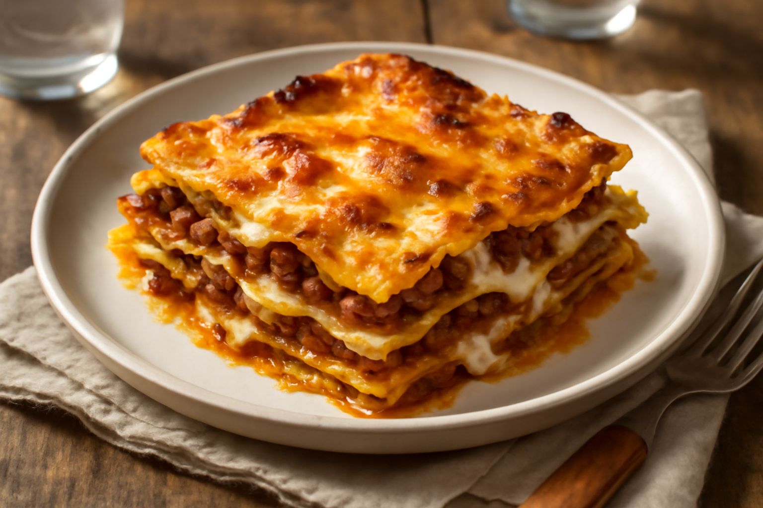 Lasagne alla romagnola portata in piatto bianco, strati visibili di sfoglia gialla, ragù scuro e besciamella bianca cremosa, bordo dorato, guarnizione con prezzemolo fresco