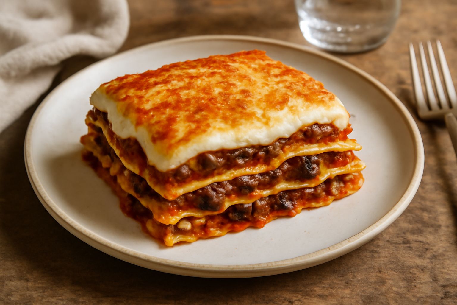 Lasagne alla Siciliana tagliate nel piatto, strati visibili di pasta gialla, ragù rosso scuro, melanzane color melanzana scuro, formaggio dorato in superficie, guarnite con basilico fresco