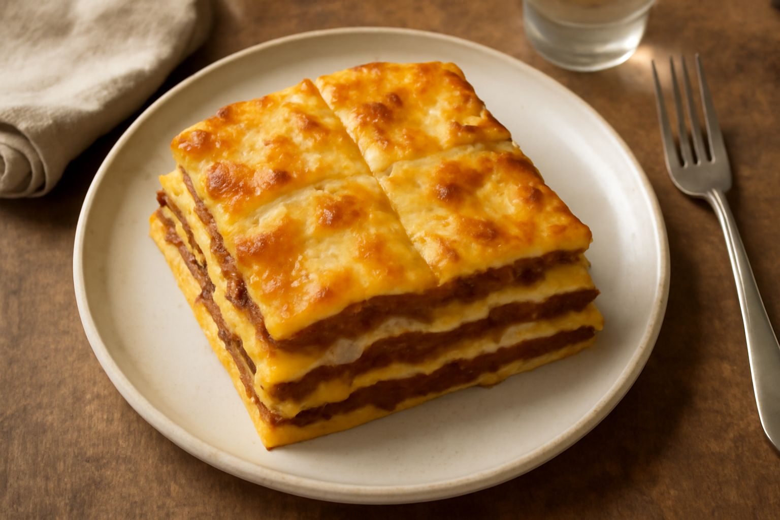 Lasagne alla spezzina tagliate nel piatto, con strati ben visibili di pasta gialla, ragù marrone rossiccio, besciamella cremosa e doratura dorata in superficie, guarnite di formaggio grattugiato