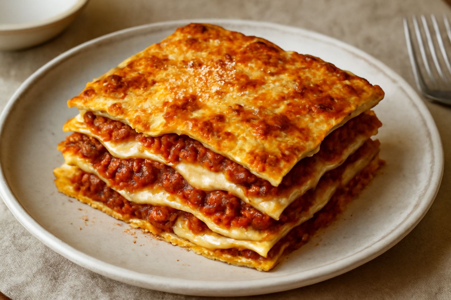 Lasagne al forno tagliate in rettangoli, con strati visibili di pasta gialla, ragù rosso scuro, besciamella bianca cremosa e crosticina dorata gratinata in superficie