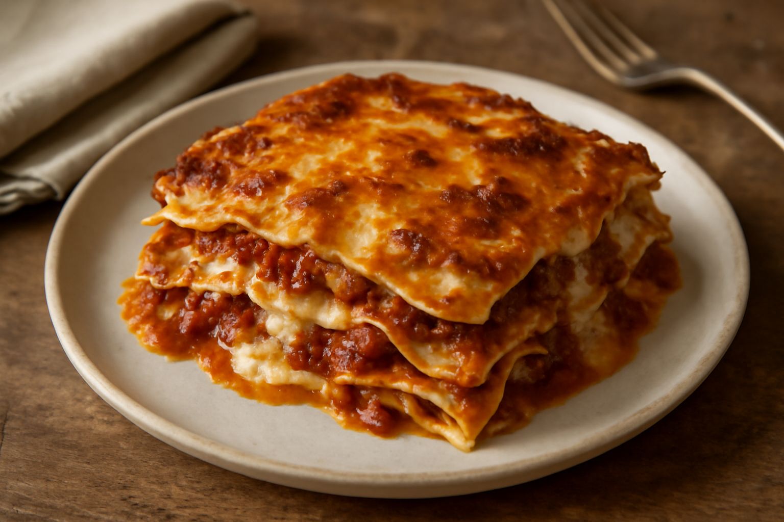 Lasagne appena sfornate in teglia rettangolare, con superficie dorata e gratinata, crosticina di formaggio fuso, strati visibili di pasta, ragù rosso scuro e béchamel bianca nei bordi, vapore che sale