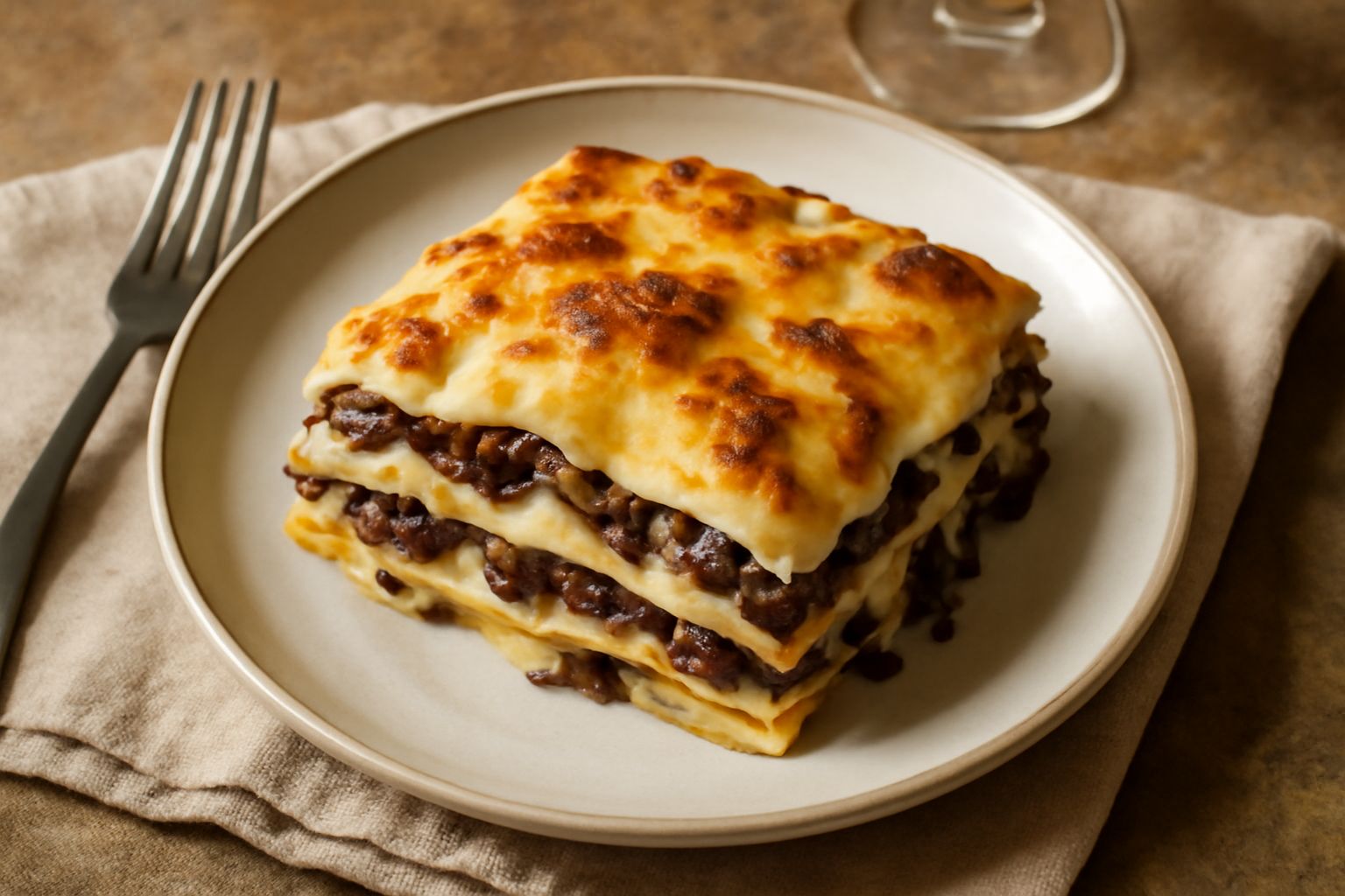 Lasagne alla trevigiana tagliate nel piatto, strati bianchi di béchamel e rossi di radicchio caramellato, bordi dorati, guarnizione di parmigiano grattugiato fresco