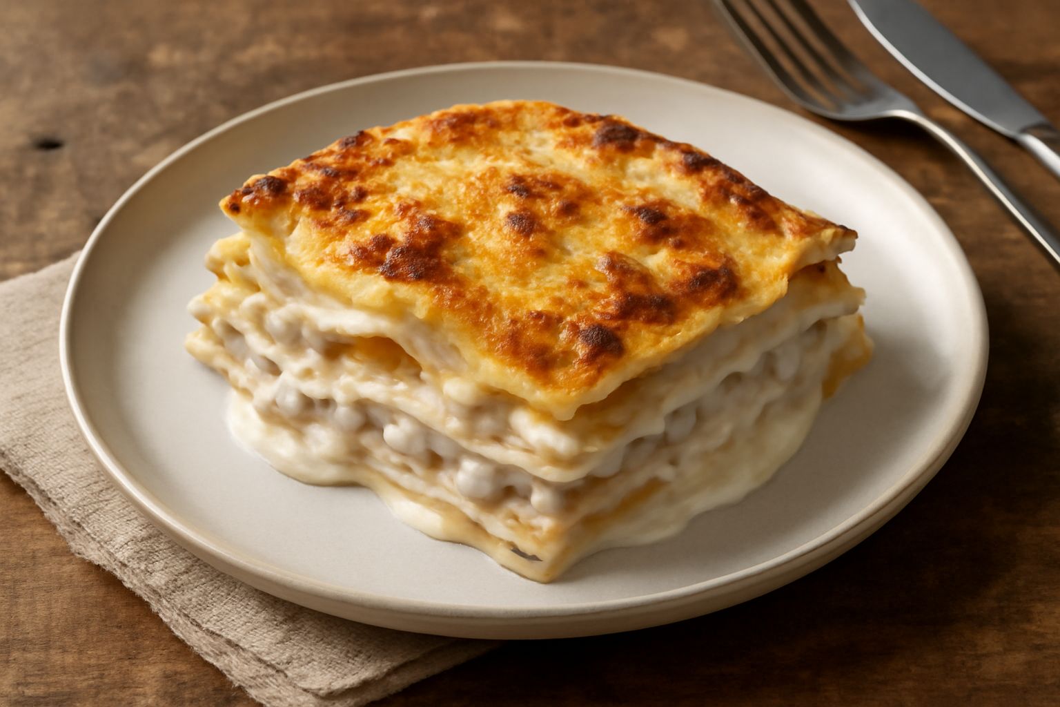 Teglia di lasagne appena sfornate con superficie dorata al forno, strati visibili dal lato del piatto tagliato, béchamel cremosa che trabocca dai margini, spruzzata di parmigiano grattugiato e burro f