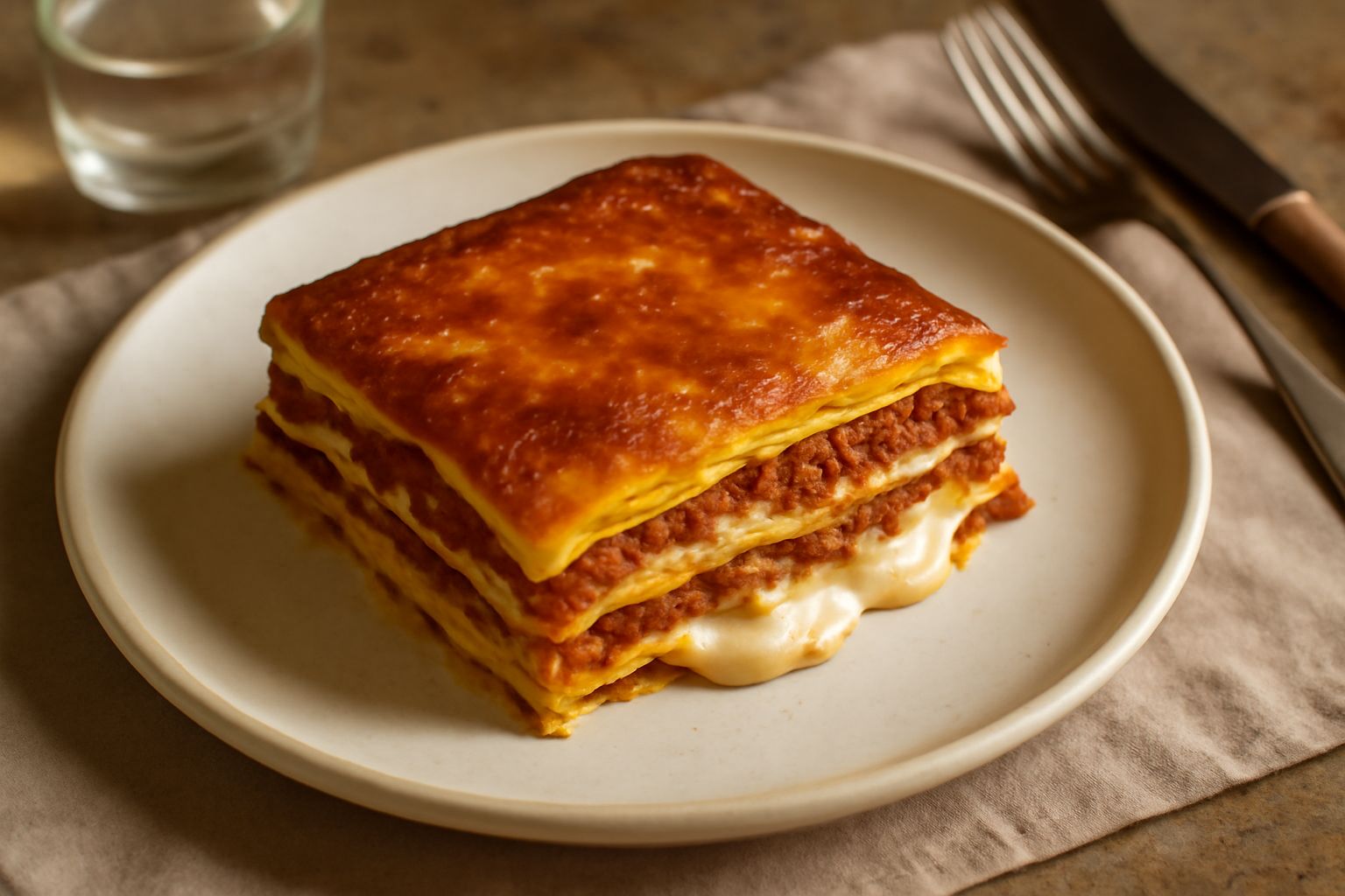 Una porzione di lasagne alla vicentina su piatto bianco, strati visibili di pasta gialla e ragù scuro, crosta di formaggio leggermente dorata, con un cucchiaio di metallo appoggiato al lato