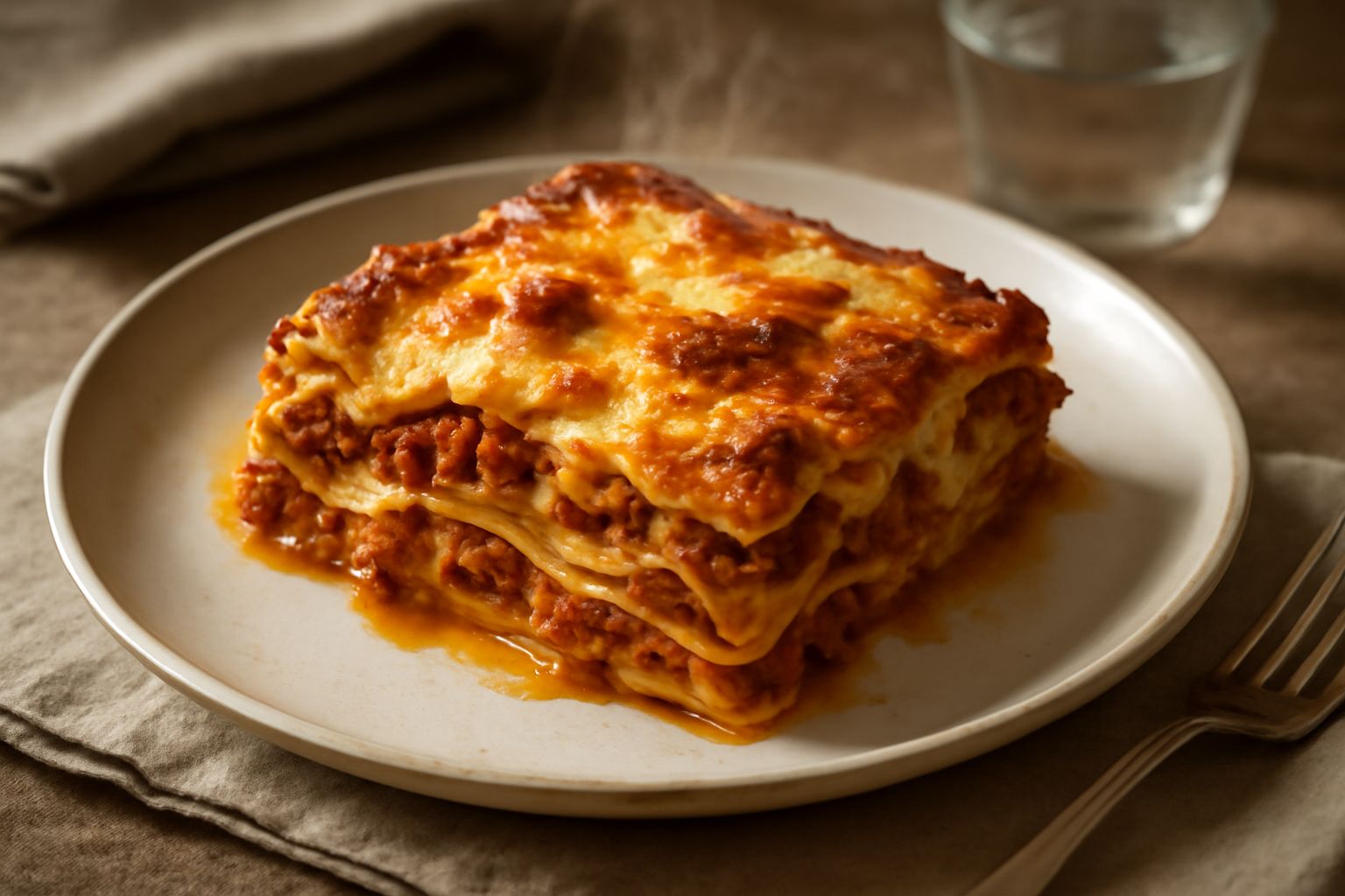 Piatto di lasagne all'uovo tagliate a porzione, con strati visibili di sfoglia dorata, ragù rosso e besciamella bianca cremosa, bordo del piatto in ceramica bianca