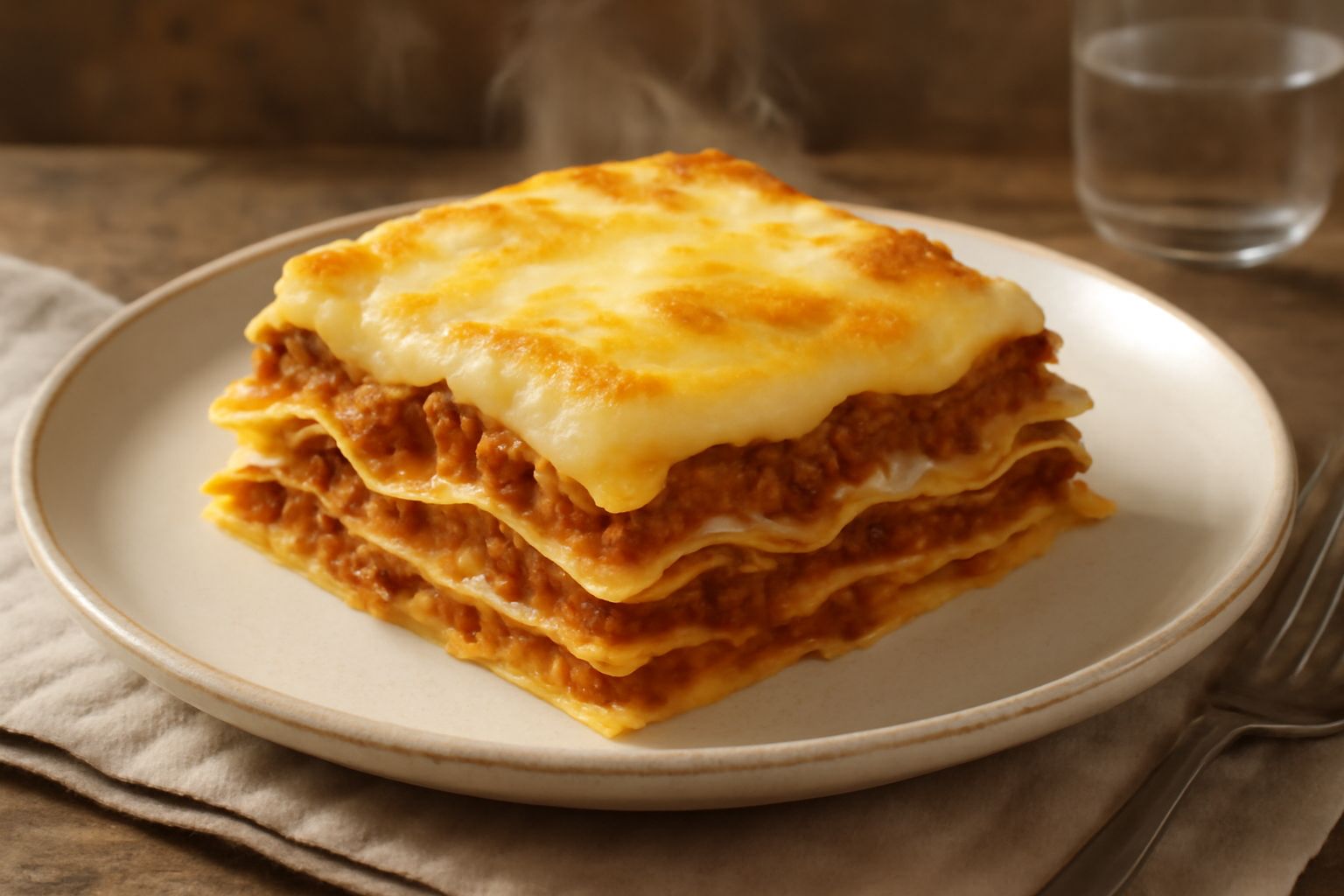 Lasagne bolognesi calde appena sfornate in una pirofila rettangolare, taglio netto tra i strati di pasta gialla, ragù rosso bruno, béchamel cremosa color panna in superficie dorata, vapore leggerissim