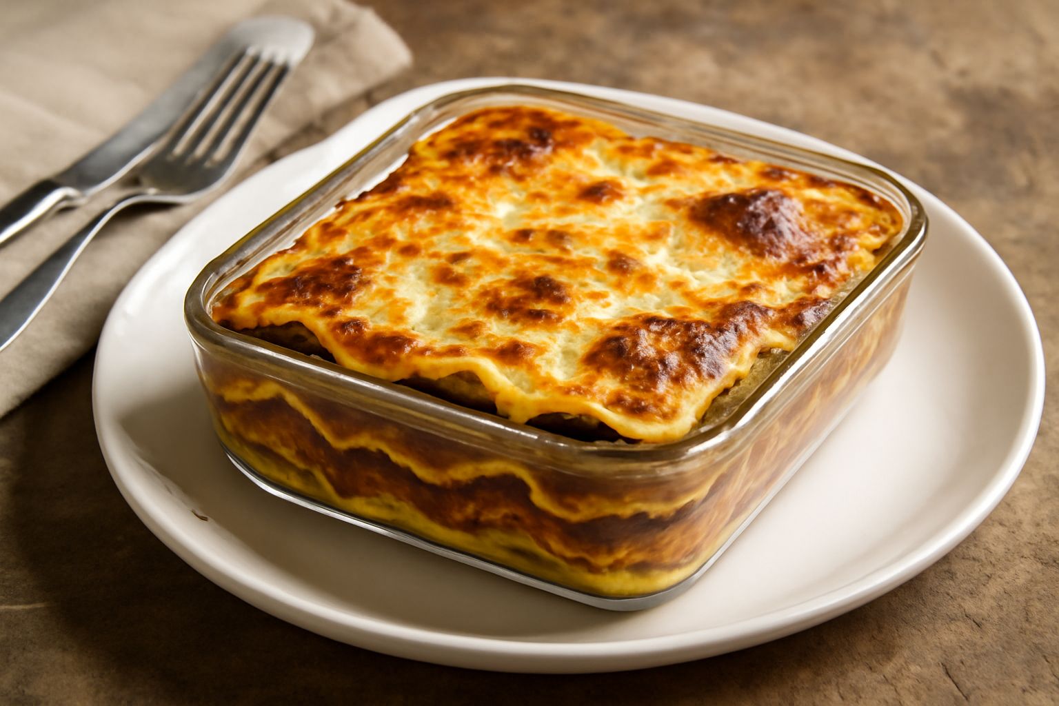 Lasagna al forno in pirofila rettangolare, strati di sfoglia gialla, ragù marrone scuro e besciamela bianca visibili dal lato, superficie dorata e leggermente gratinata, pezzetto di basilico fresco su
