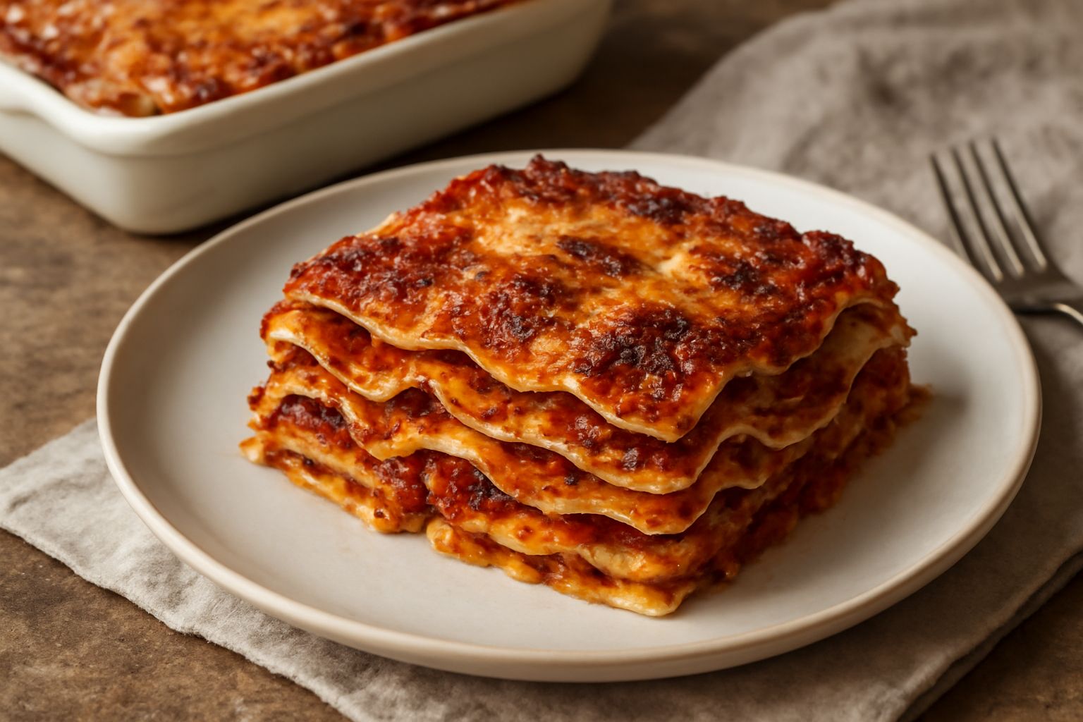Porzione di lasagne calabresi appena servita, con strati visibili di pasta gialla, ragù rosso scuro, besciamella bianca e formaggio dorato grattugiato in superficie, piatto in ceramica bianca, forchet