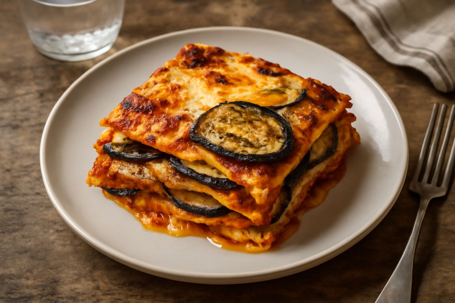 Lasagne con melanzane tagliate a fette nel piatto, strati di melanzane viola scuro alternate a salsa rossa e crema bianca, superficie dorata e gratinata