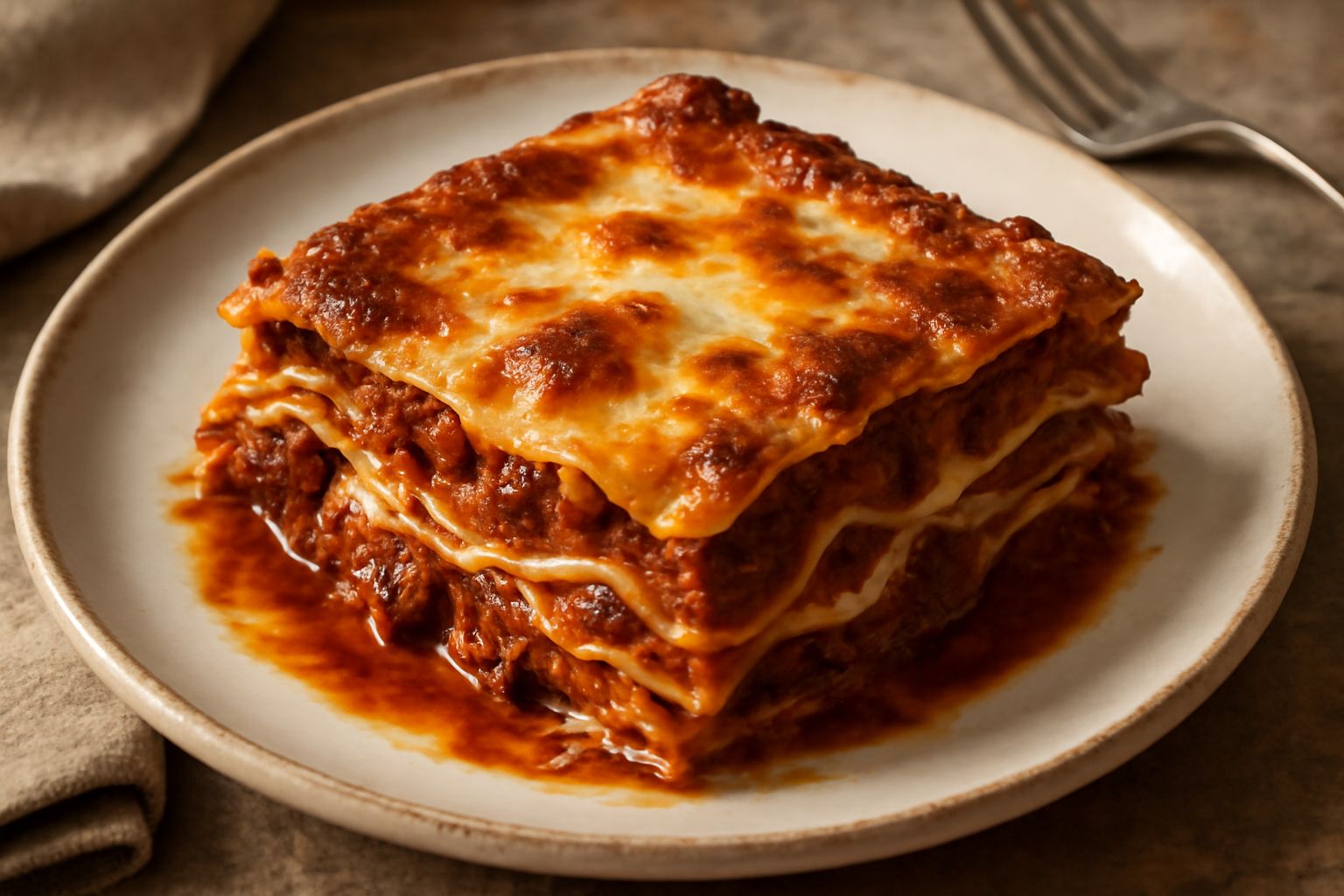 Lasagna al forno dorata in superficie, tagliata a fetta, che mostra gli strati di pasta color ambra, ragù rosso scuro, besciamella bianca cremosa, servita in piatto bianco con contorno di insalata ver