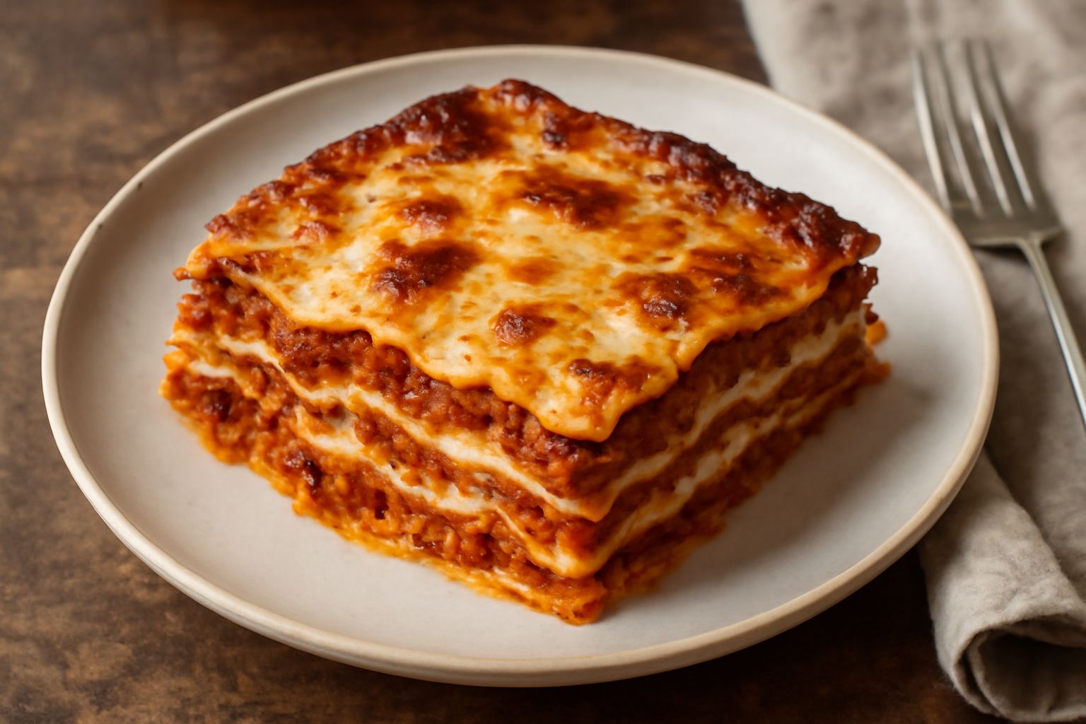 Lasagne appena sfornate tagliate a quadrato, con la pasta dorata e i bordi leggermente croccanti, il ragù rosso visibile tra gli strati bianchi di besciamella, servite in un piatto ovale di ceramica b